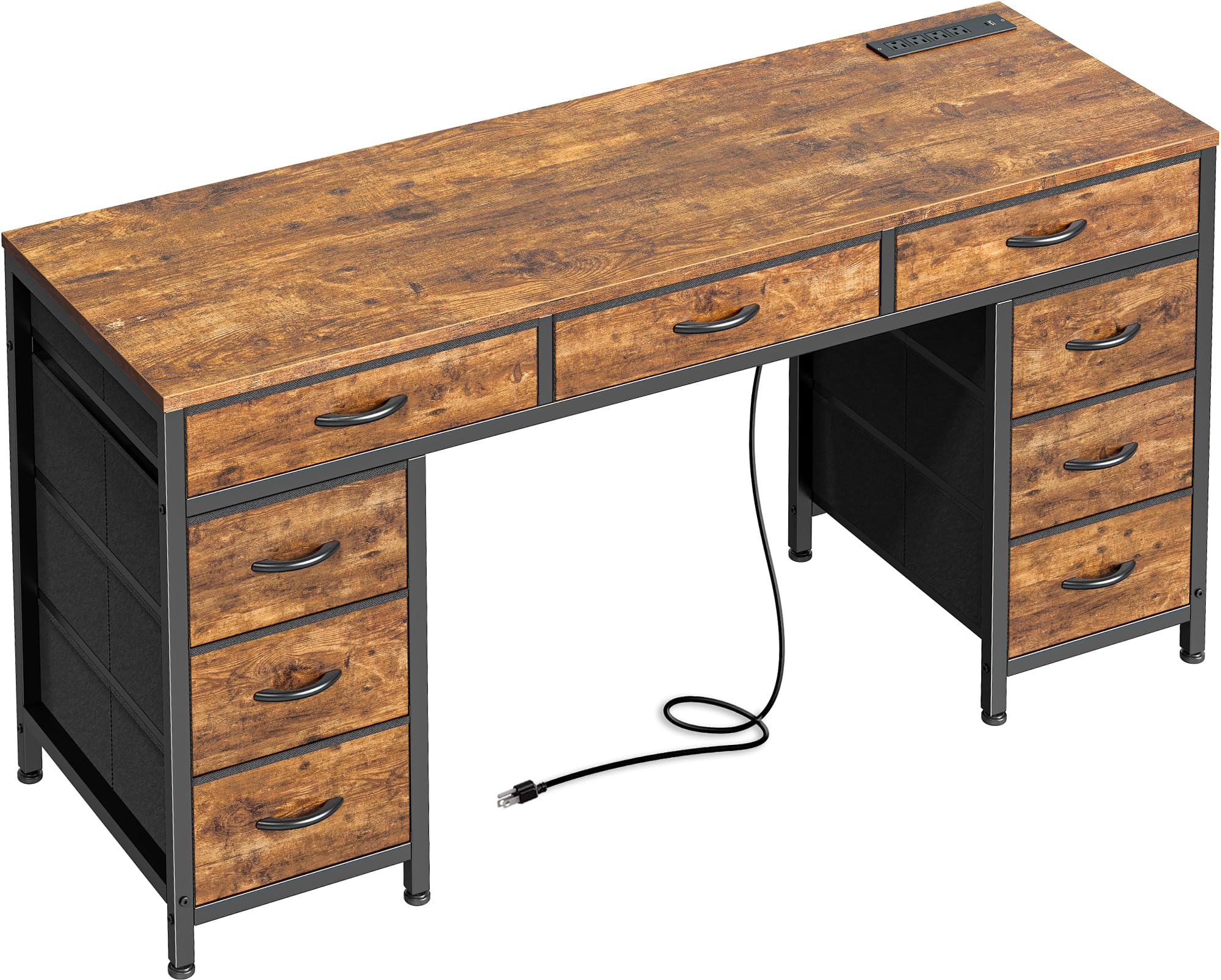 PRAISUN 54 Inch Office Desk with Outlets, Computer Desk with 9 Fabric Drawers, Writing Gaming Work Study Desk for Bedroom, Living Room, Home Office,