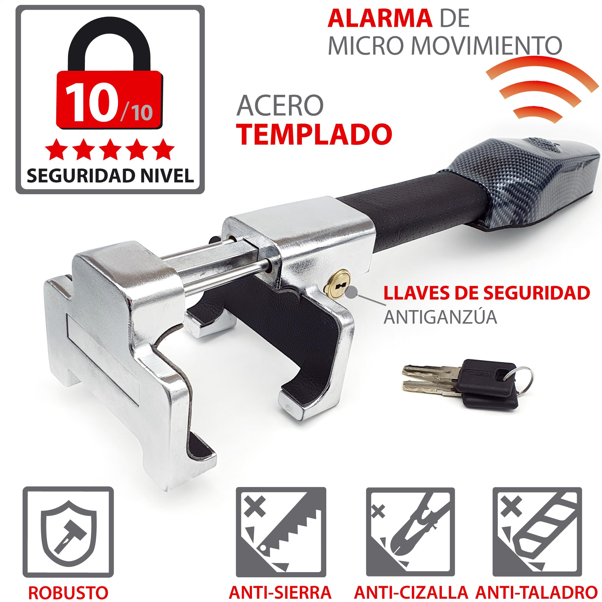KRASER KR830 Antirrobo Coche, Barra Volante con Alarma 120dB, Robusto Bloqueo Alta Seguridad, Fácil de Usar, Acero Más Calidad, Cepo Coche Universal SUV Furgoneta Autocaravana
