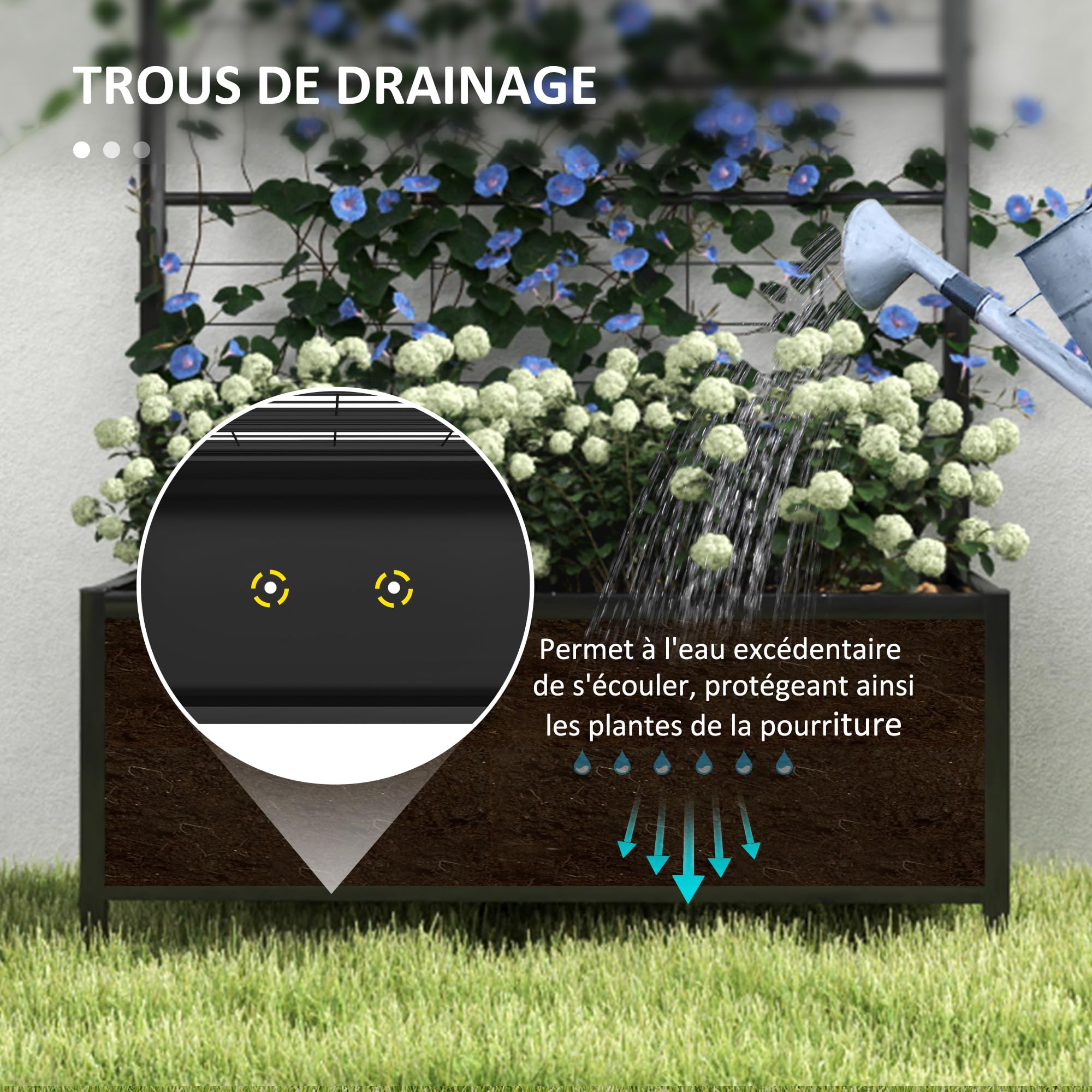 Outsunny Jardinière avec Treillis Lit Surélevé de Jardin 90x40x120 cm Noir | Jardinière Extérieure, Motif en Losanges, Trous de Drainage, Bac à Fleurs en Acier Galvanisée, pour Balcon Terrasse Patio