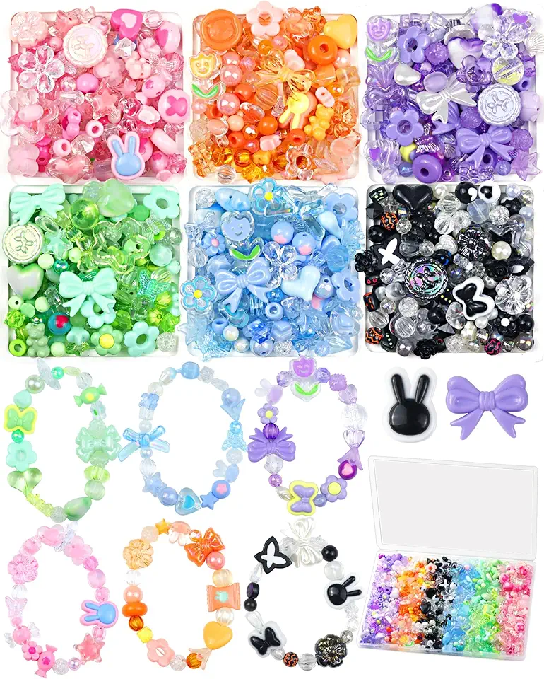 420-450PCS FIVEIZERO Assorted Acrylic Beads for Bracelet Making,Flower Star Heart Bunny Pearl Butterfly Candy Gummy Bear Kawaii Aesthetic Beads,Cute Beads for Jewelry Making,Keychains,Necklace,Phone