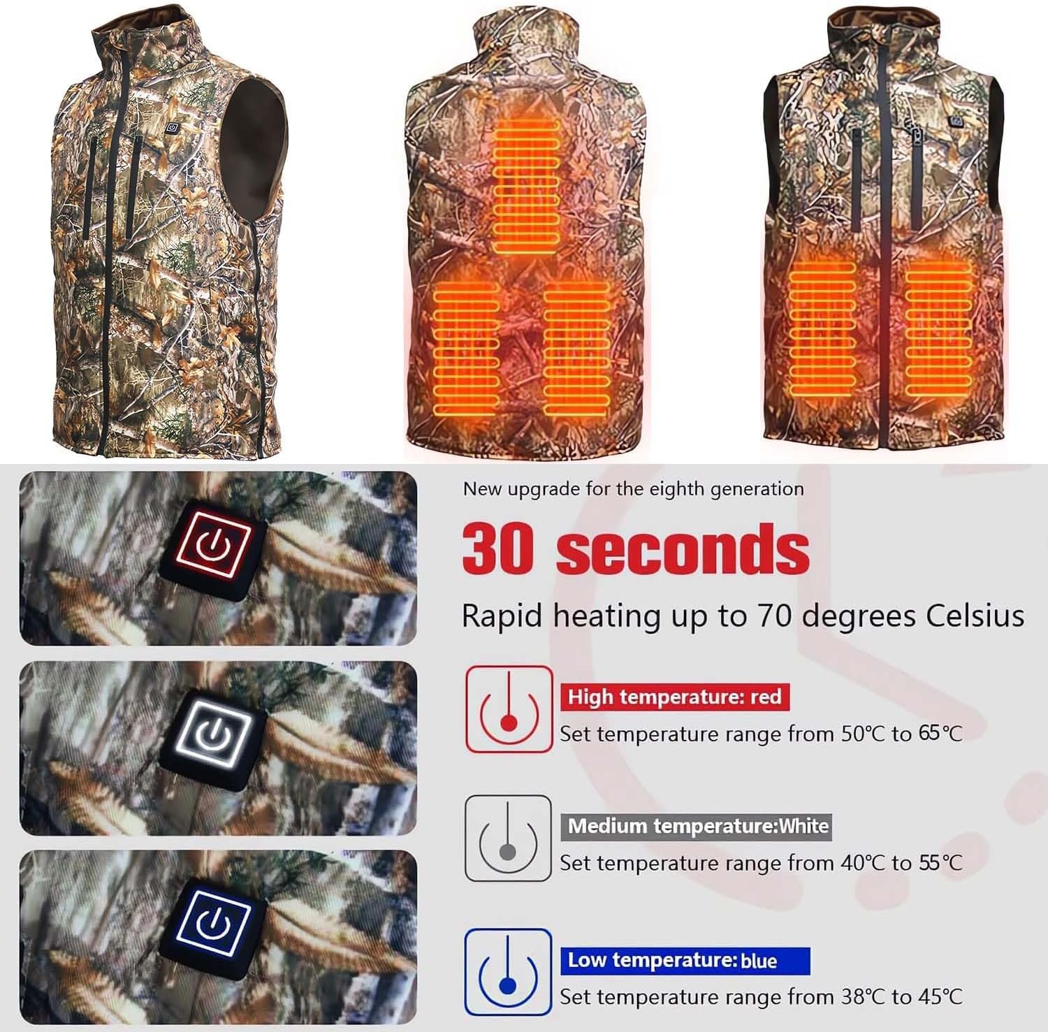 Gilet Chauffant de Chasse Homme, Hiver Gilet de Chasse Camouflage, avec 3 Niveaux de Chaleur, 5 Zones Chaleur, Camo Gilet Polaire pour La Chasse, Peche (Pas de Batterie)