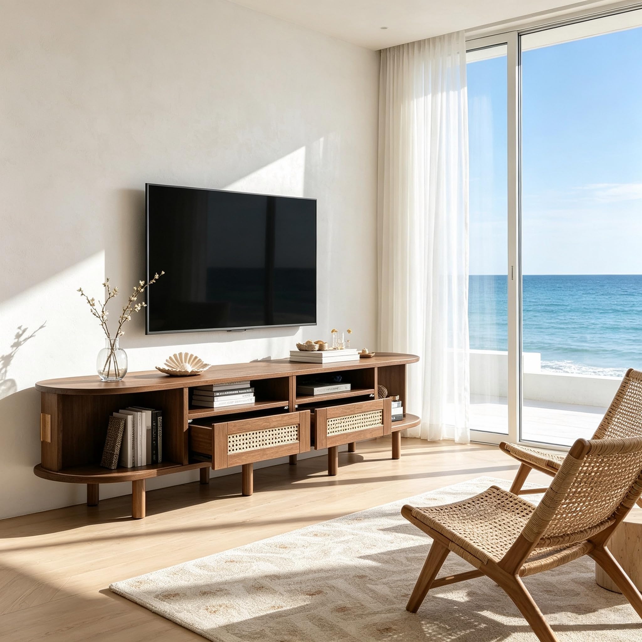 Meuble TV, meuble TV bas avec 2 tiroirs en rotin et 2 portes coulissantes, pour télévision et appareils multimédias, pour armoires de salon de 190 cm, pour salon, salle à manger, chambre à