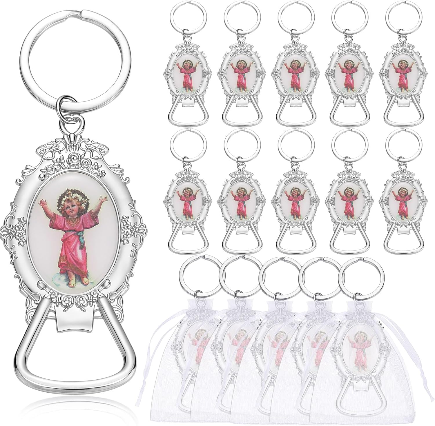 Misdary 24 Pcs Our Lady of Guadalupe Bottle Opener Keychain Catholic Bottle Opener with Organza Baptism Party Favor for Guest