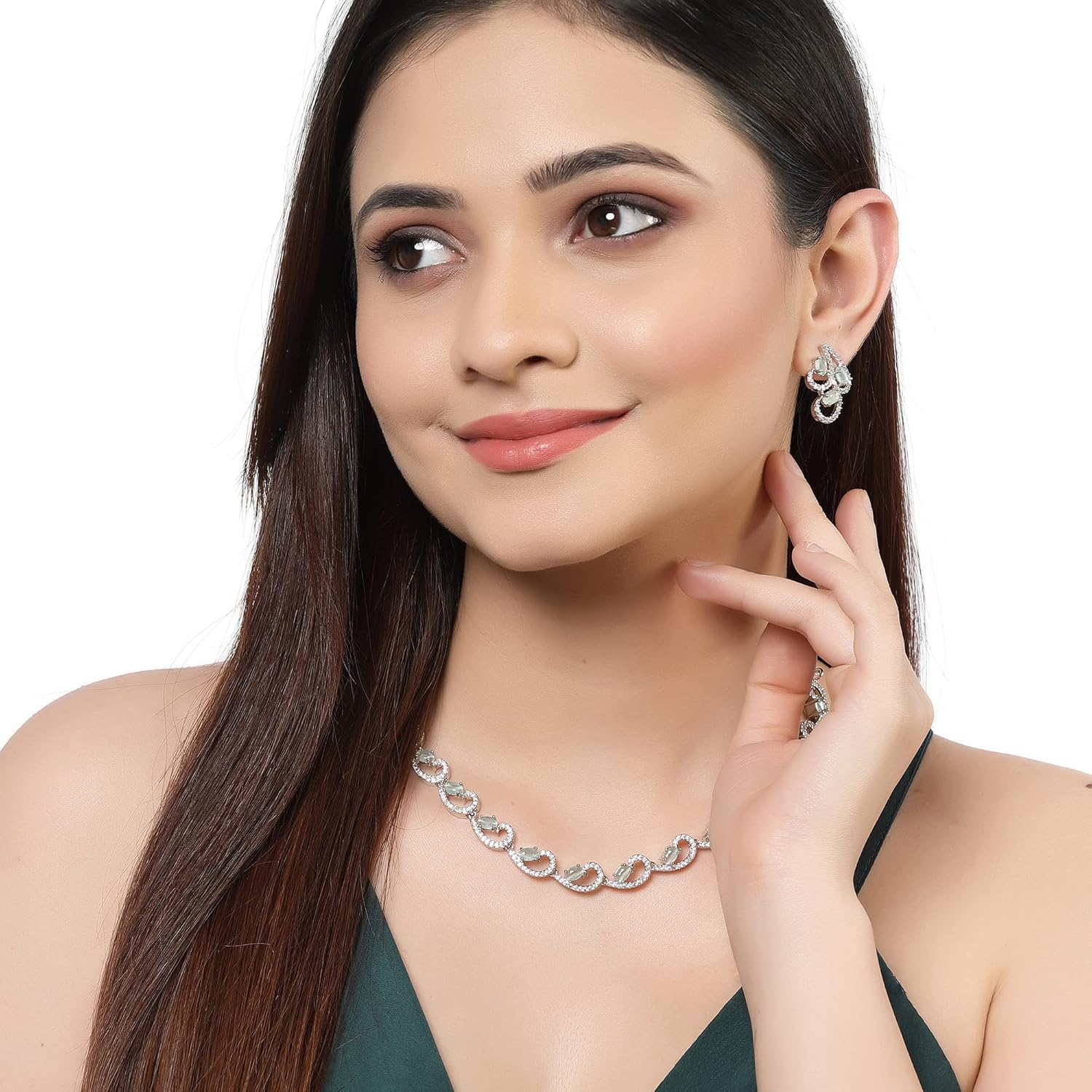 ZENEME Rhodium-Plated with Silver-Toned White Cubic Zirconia & American Diamond studded Necklace and Drop Earrings Jewellery Set for women - Image 4