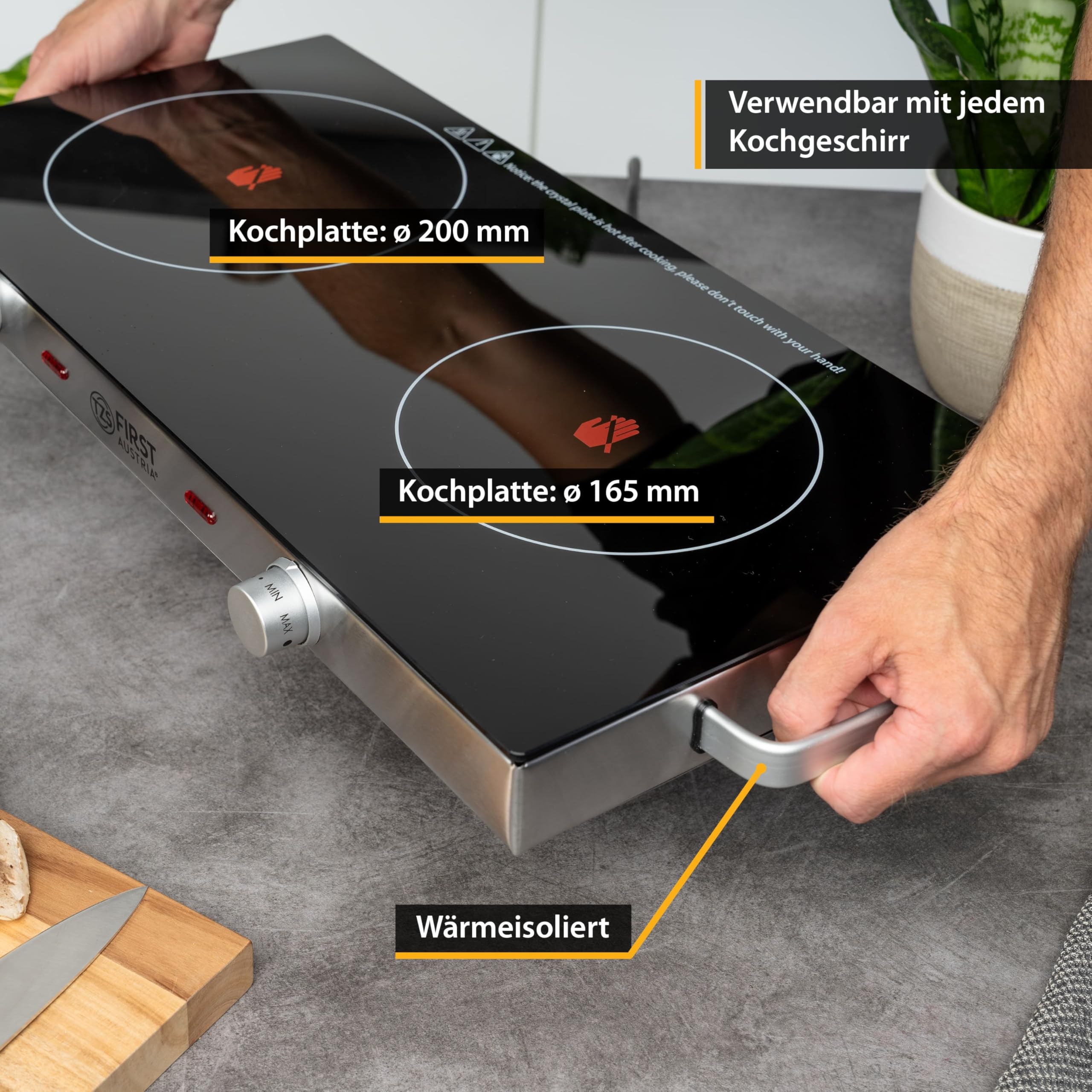 TZS First Austria - Kochplatte Infrarot 2er Glaskeramik-Herdplatte ALLE Topfarten 2800W - Doppelkochplatte Kochfeld elektrisch für Umzug, Camping & Wohnung - Stufenlose Einstellung & Kontrollleuchte