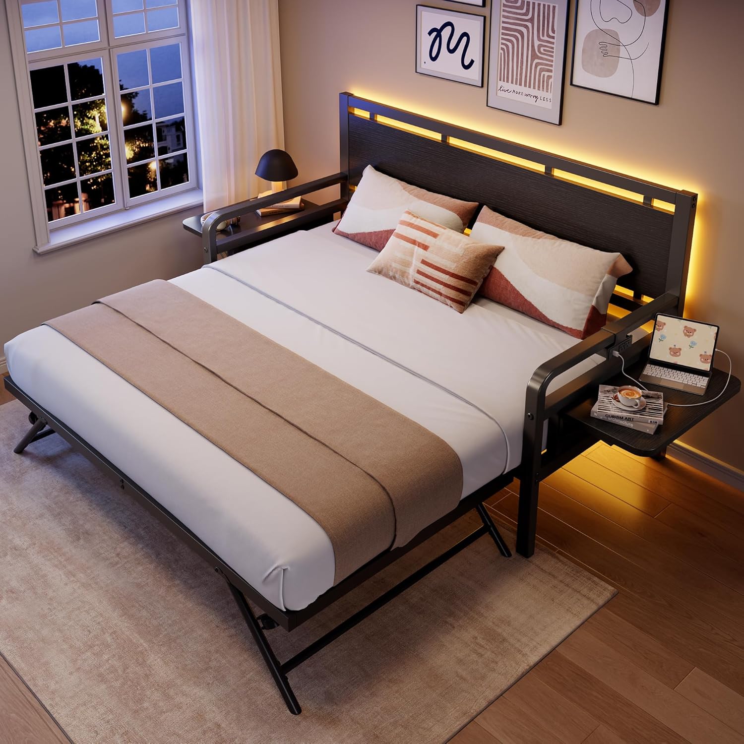 Daybed with Trundle and LED Light, Heavy Duty Metal Twin Bed Frame with Movable Charging Station, Day Bed Pop Up Trundle Bed Twin for Living Room, Bedroom and Guest Room, Black