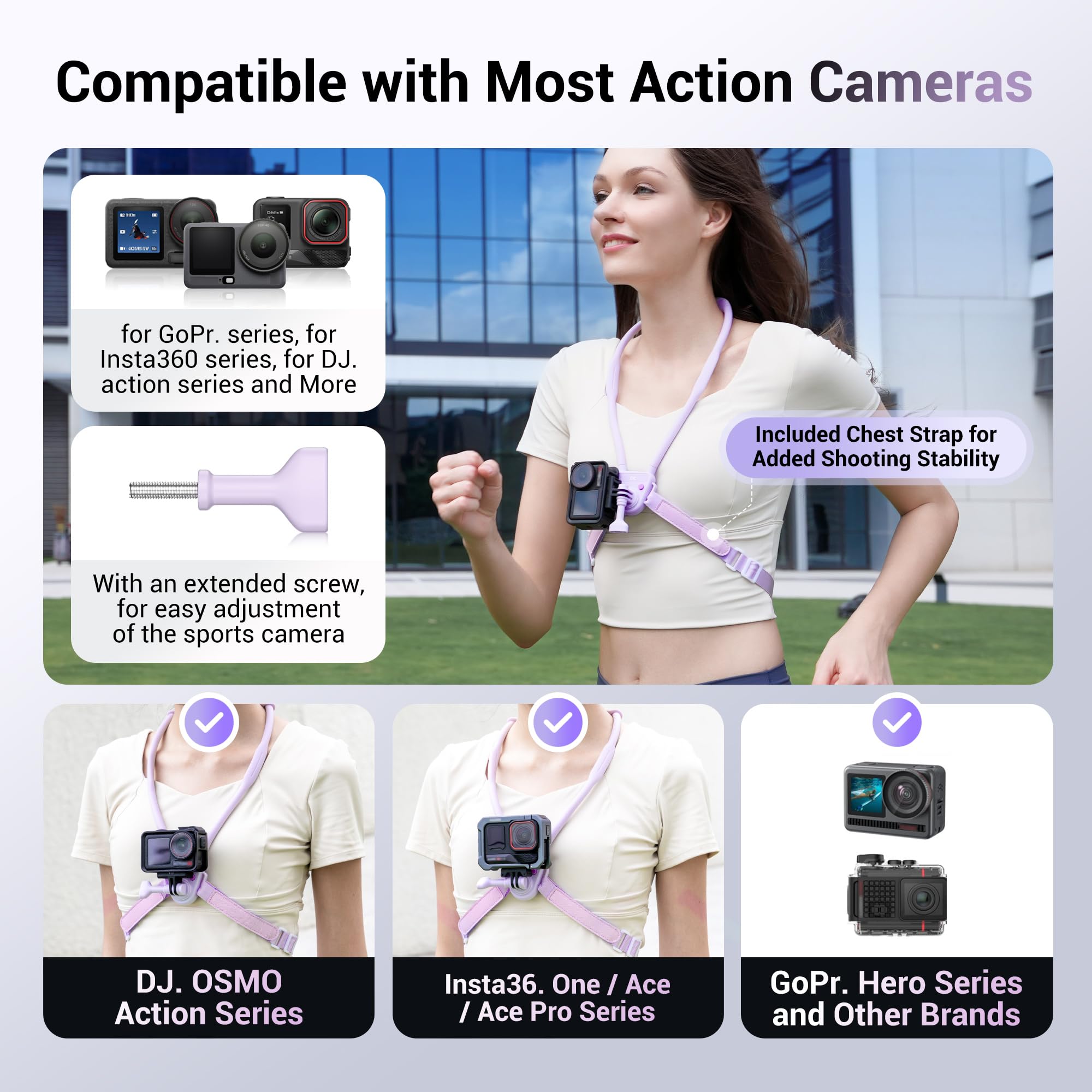 JJC Supporto da collo per Gopro 13/12/11, DJI OSMO Action 5 Pro/4, Insta360 X5/X4/Ace Pro e altre action camera, POV supporto da collo con sgancio rapido per la creazione di contenuti per riprese