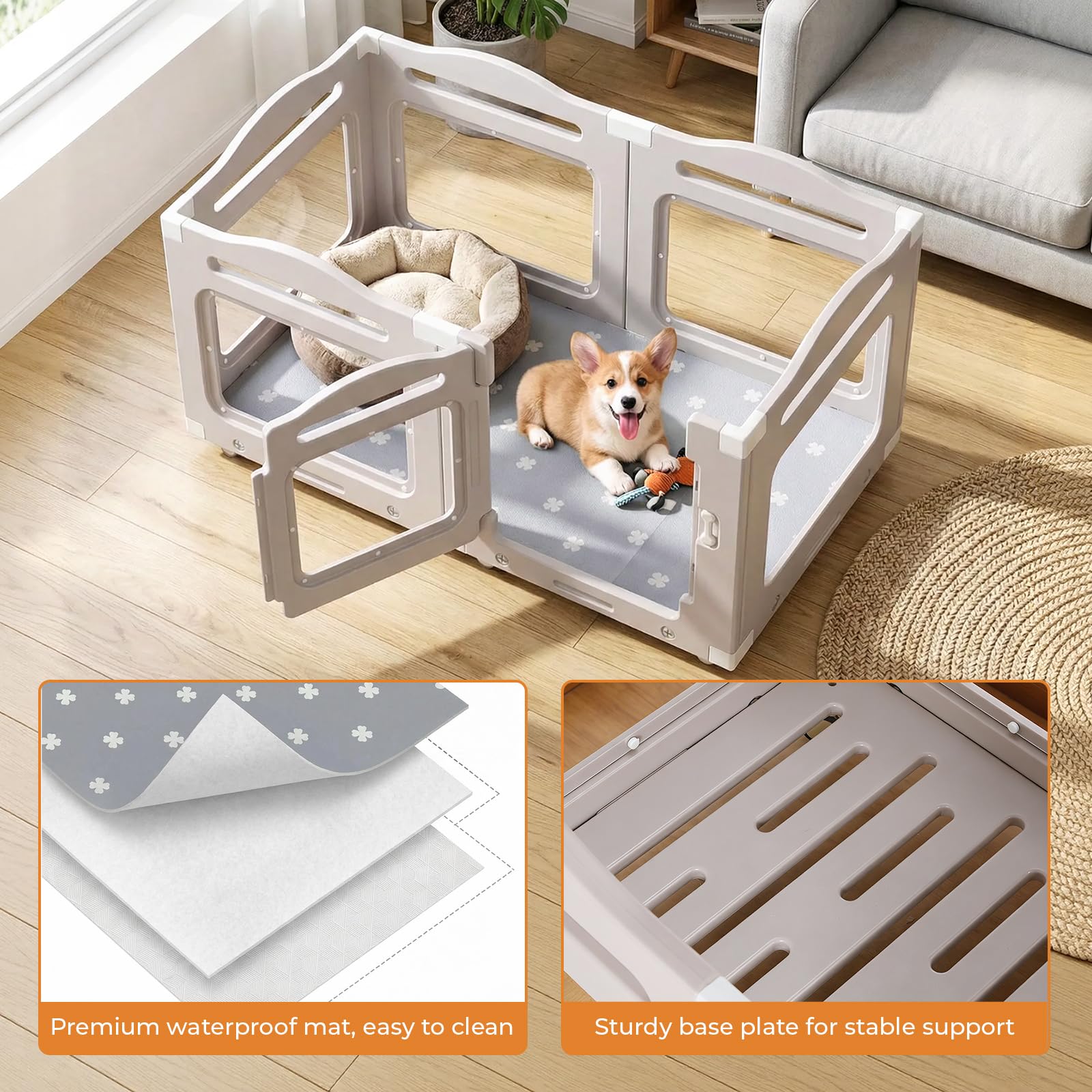 MAMIZO Recinto per Cani Acrilico 126 × 68 cm, Box per Cuccioli con Ruote e Base, Box per il Parto Cani con Cuscinetto Impermeabile, 5+1 PCS Pannelli Parco per Cani adatto Appartamento, Grigio Caldo