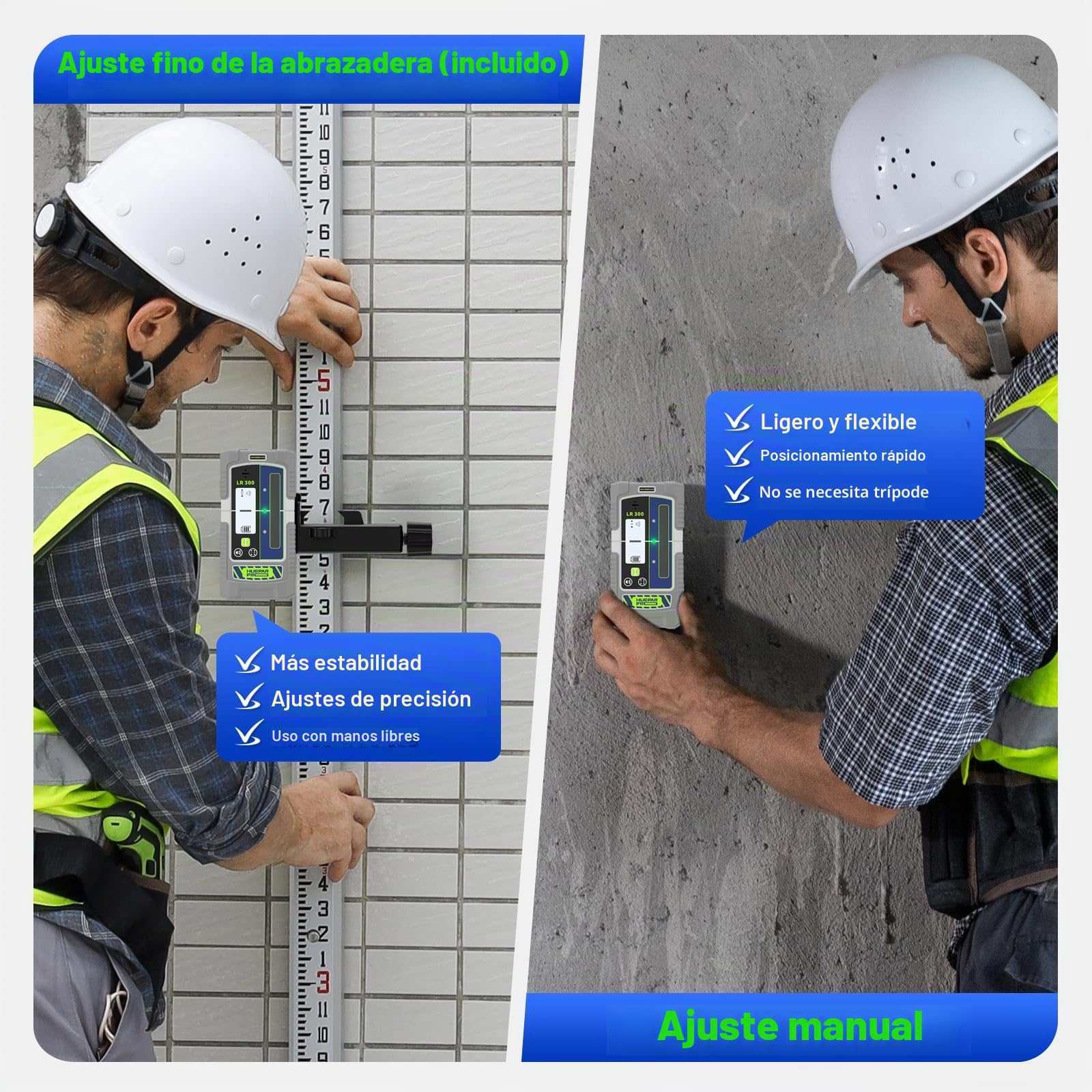 Huepar Pro Receptor Láser Detector de Modo de Pulso de Línea para Niveles Láser, Exterior 60 m, Modos de Doble Precisión, Resistente al Agua IP65, Abrazadera Magnética, LCD+LED, Duración de 20 Horas