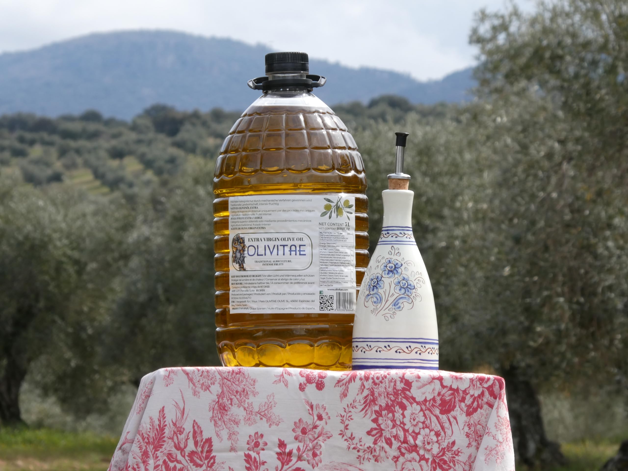OLIVITAE. Aceite de Oliva Virgen Extra 5L de Toledo, España y Aceitera de Artesanía Cerámica. Rico en Polifenoles, prensado en frío.