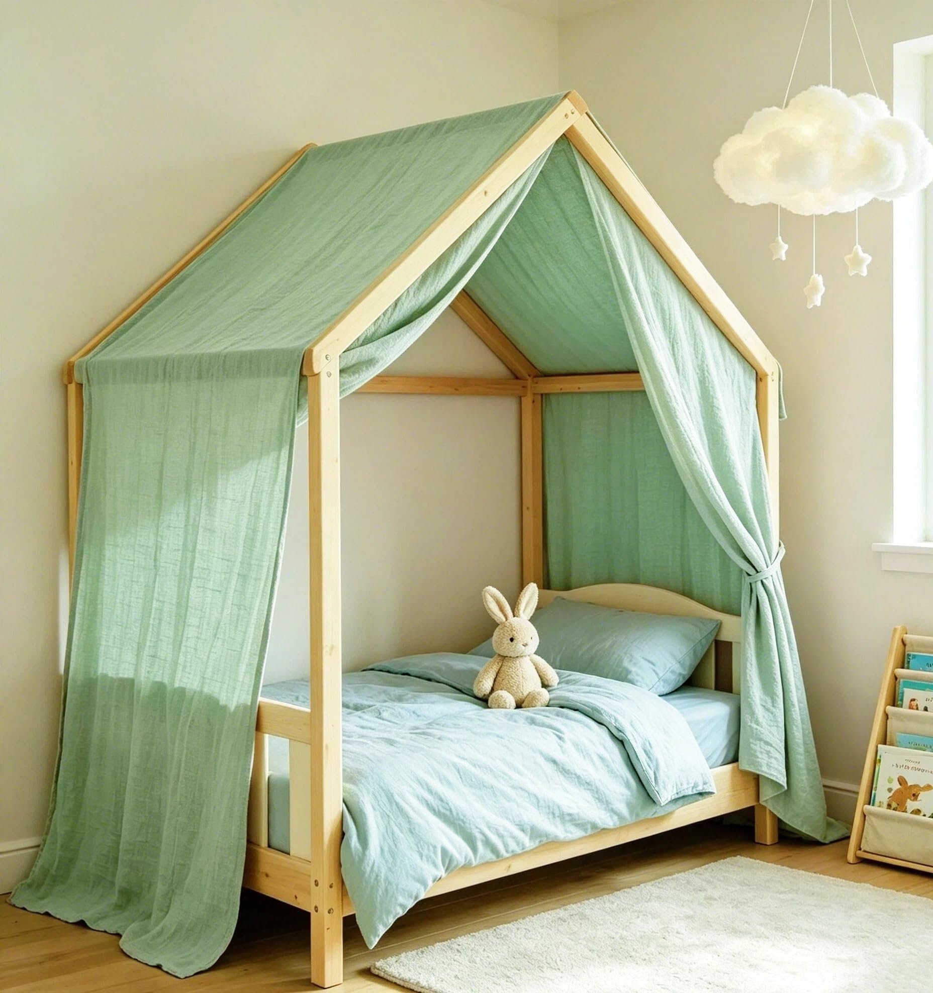 Vercico House Bed Canopy 100% Cotton Bed Canopy for Girls, Soft Canopy Bed Curtains for Kids Bed, for Girls & Boys Kids Bedroom Accessories, 135x360cm 1 Pack (Green)