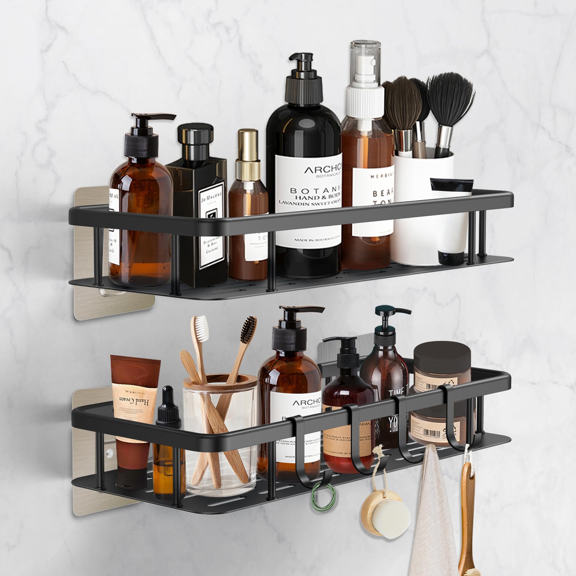 Shower Caddy Rustproof, Withosent 2 Pack Bathroom Shelf Organiser No Drilling,Aluminium Shower Shelves Self-Adhesive with 4 Hooks Shower Organiser Wall Mounted Bathroom Shampoo Holder