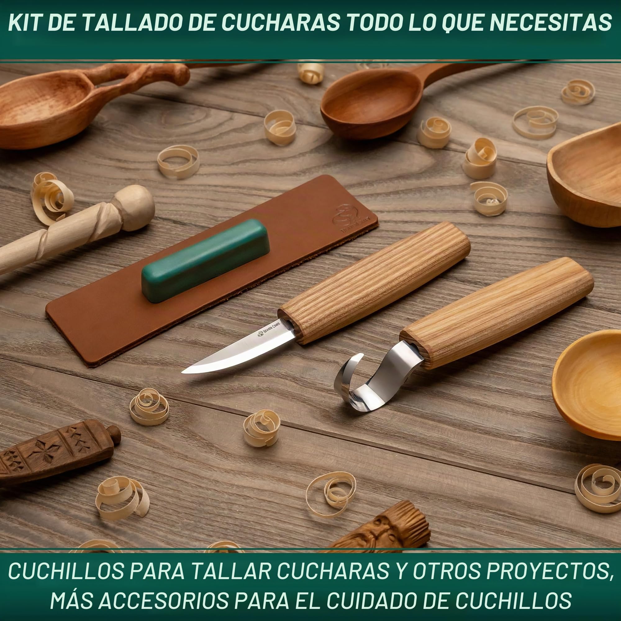 BeaverCraft, Set de Cuchillos para Tallar Cucharas de Madera S01 - Kit de Herramientas para Hacer Cucharas - Cuchillo de Gancho - Kuksa para Principiantes - Kit Profesional para Tallar Madera
