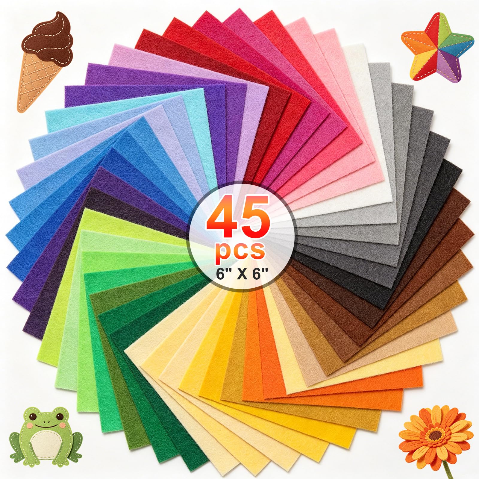 45 Pcs 6"x6" Felt Sheets Fabric Stiff Felts Craft Squares for DIY Sewing, Patchwork, Decorative Projects, 1 mm Thick