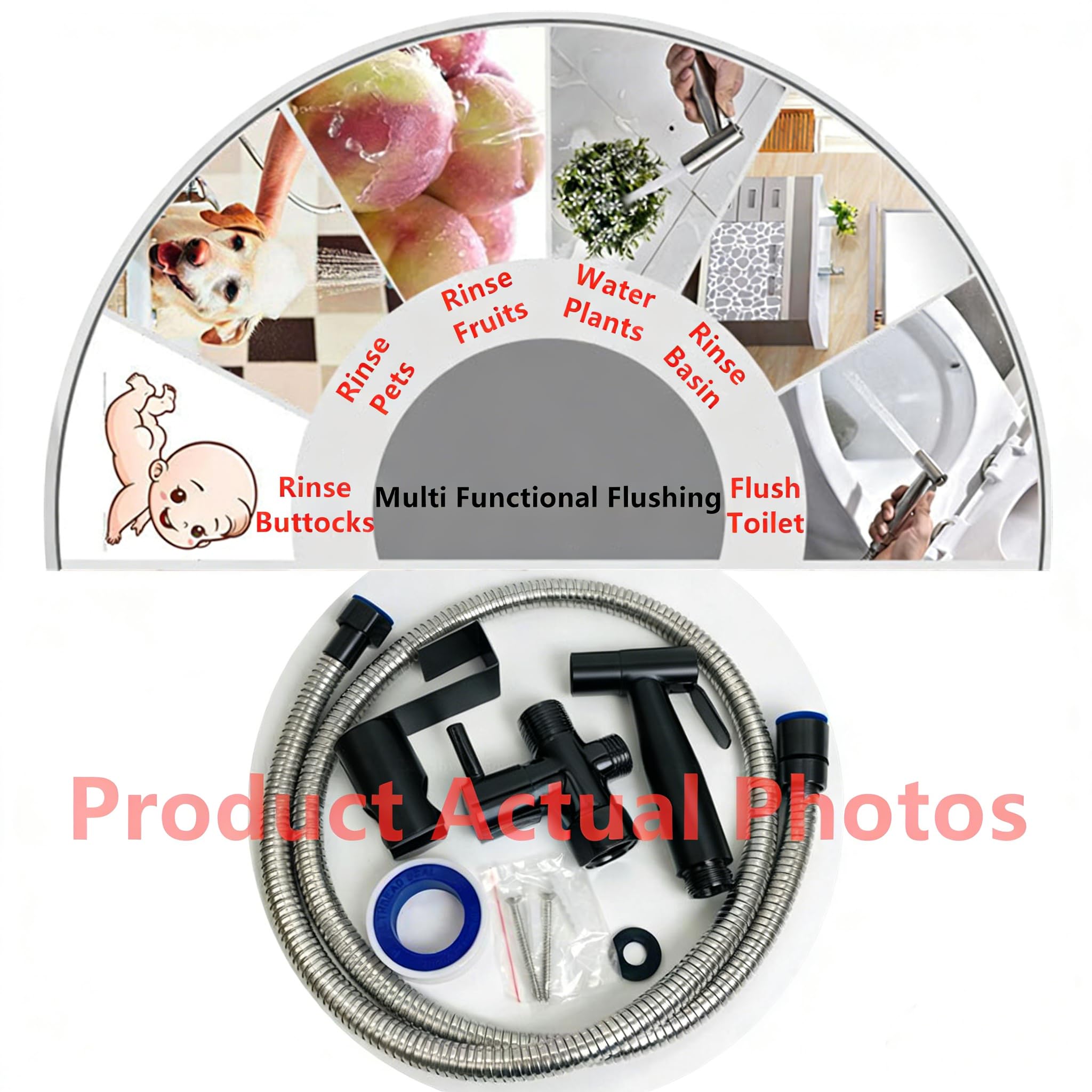 Kit de douchette à main pour bidet-toilette – Acier inoxydable robuste Kit de douchette WC avec support adaptateur en T et tuyau à ressort pour toilettes, animaux domestiques et nettoyage (G1/2-noir)