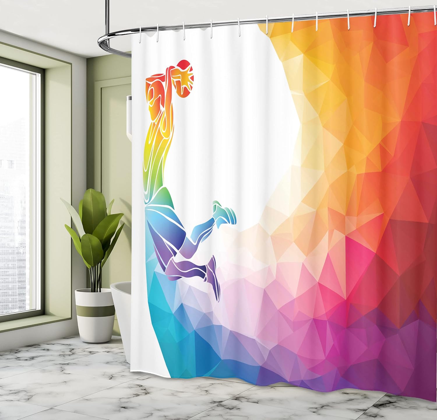 Ambesonne Basketball Shower Curtain, Rainbow Colored Vivid Theme a Player Sports Man Jumps Scoring Print, Cloth Fabric Bathroom Decor Set with Hooks, 69" W x 84" L, Magenta Orange