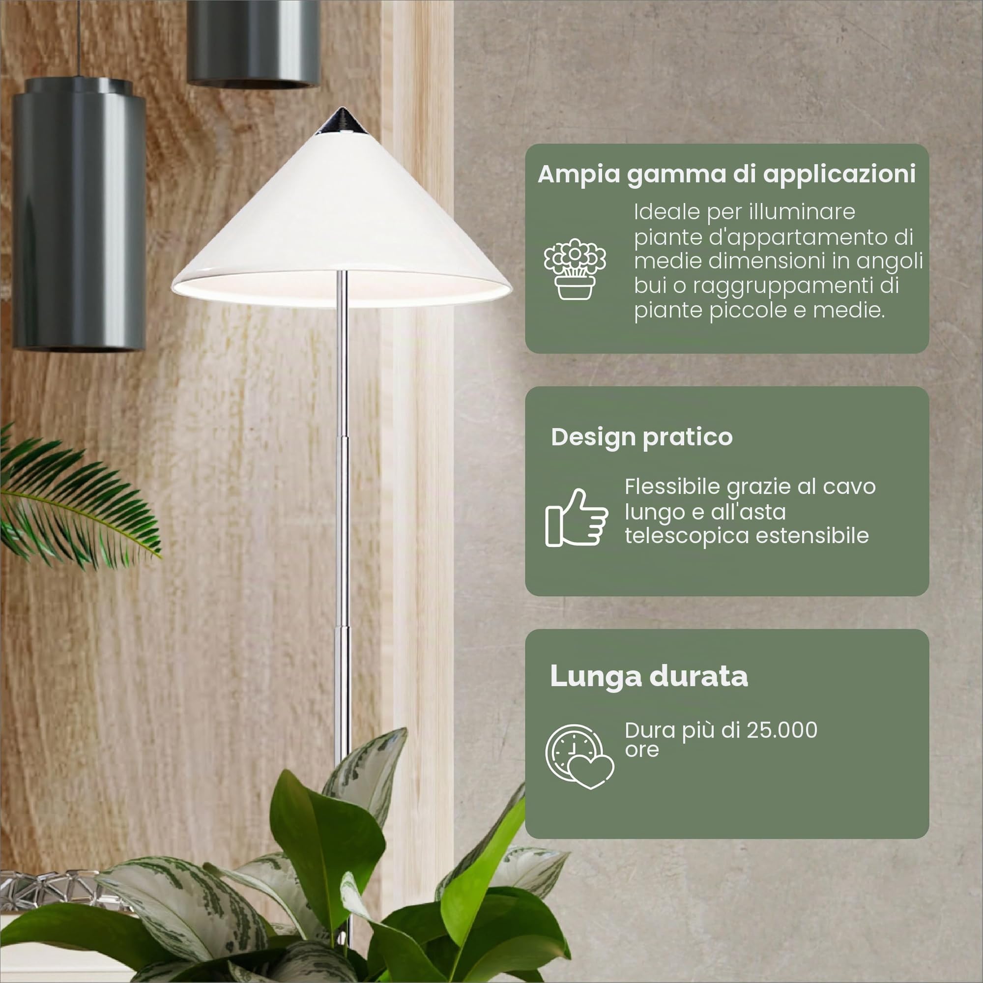 Parus by Venso SUNLiTE pianta lampada 7W bianco, lampada di crescita a LED con asta telescopica, luce di crescita per piante da interno e piante verdi