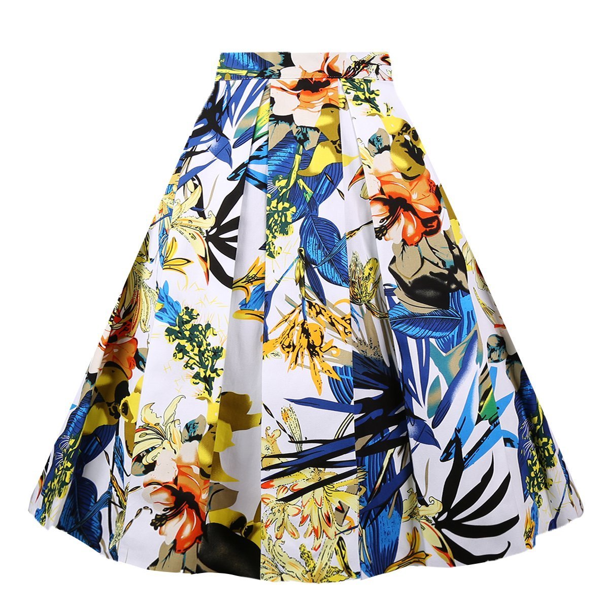 Girstunm Women's Pleated Vintage Skirt Floral Print A-line Midi Skirts with Pockets
