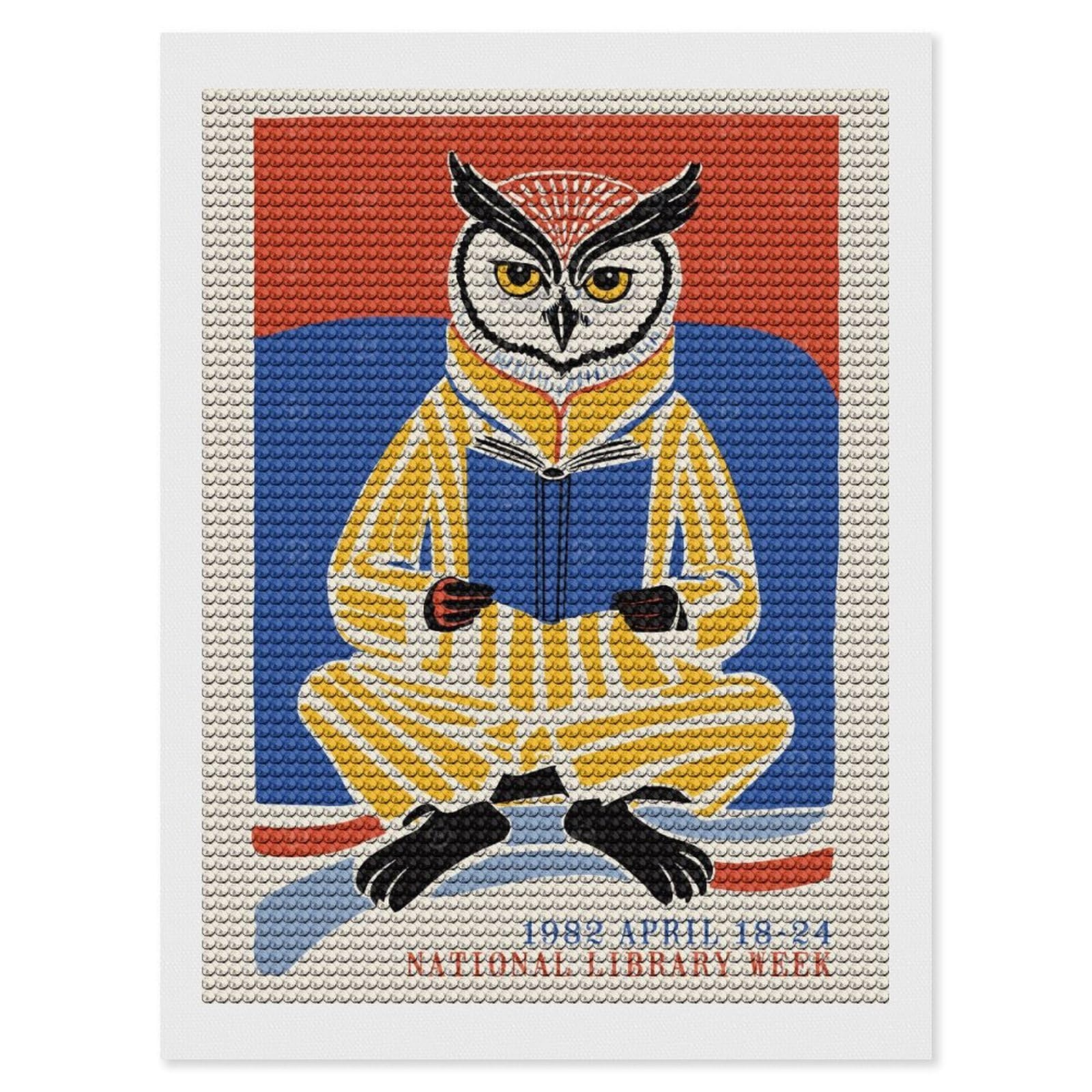 Junmoney National Library Week 1982 Owl Diamond Painting Set 12"x16", Full Kit Included, Sparkling Round Gems, Farmhouse Decor, Festive Craft Gift