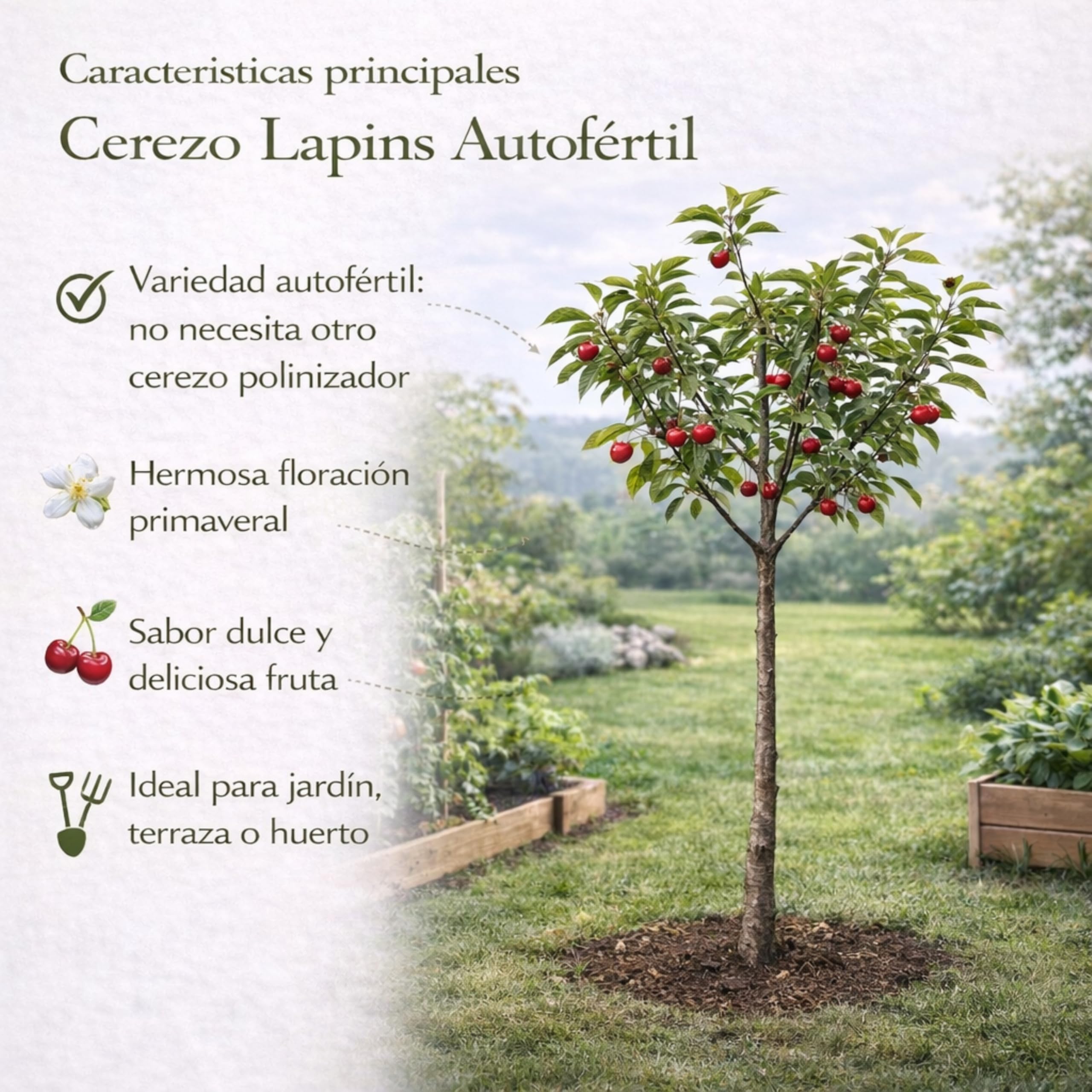 Cerezo Lapins Autofértil en Maceta, 140 cm de altura, Árbol Frutal Exterior con Cerezas Dulces Planta Natural para Jardín Terraza Huerto Floración Primavera Fácil Cultivo. Cerezo