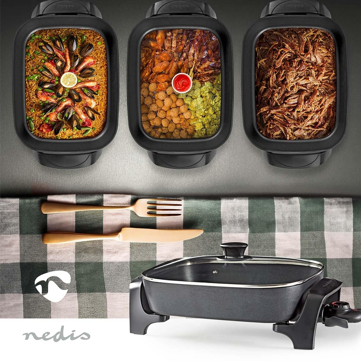 NEDIS Poêle à Frire Électrique - 2200 W - 7.0 L - Indicateur d'alimentation - Controle de la Température Réglable - 40 cm - Aluminium/Plastique - Noir FCSP110EBK40