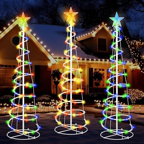 Miniatura 1 de VIHOSE 3 árboles de Navidad LED en espiral para exteriores, árbol de Navidad plegable, multicolor, modo inteligente con iluminación LED, árbol de