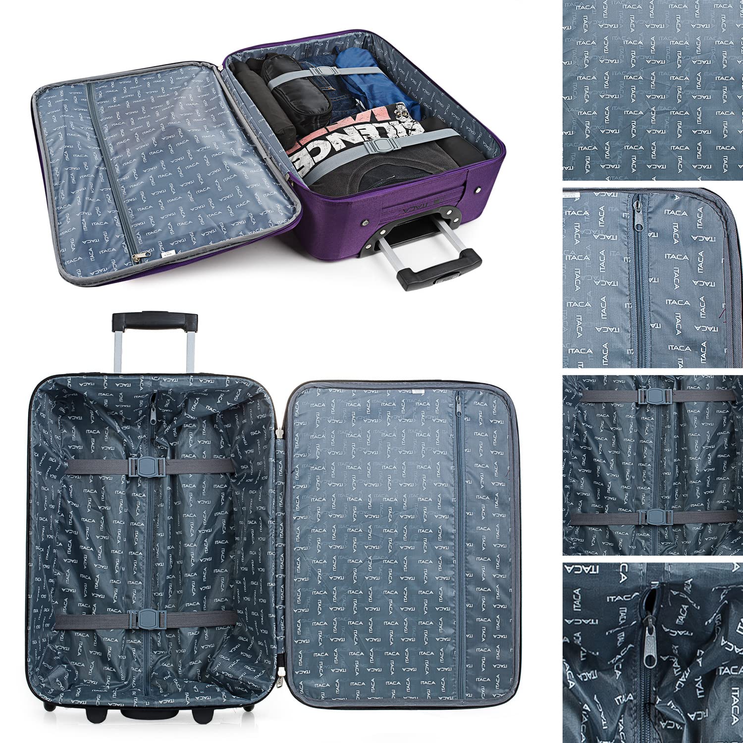 ITACA - Valise Cabine 55X40X20 légère et résistante Bagage Cabine idéal pour Voyages Courts Valise Cabine Tissu Souple 4 Roues pivotantes Compatible Ryanair, Violet