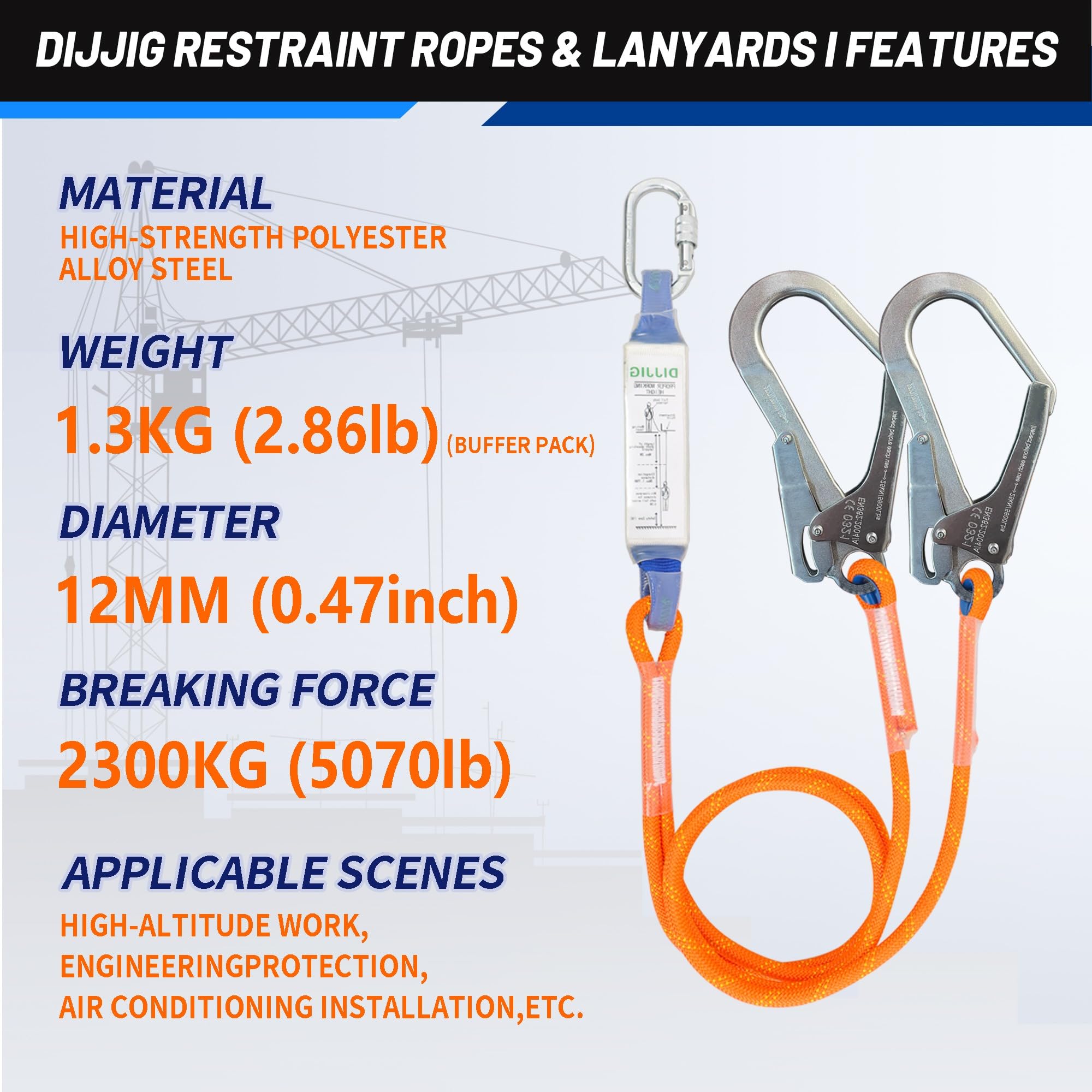 DIJJIG Sicherheitsgürtel-Kit mit 1,8 M Lanyards, Taille- und Schulterschutz, Bauprojekte, Dachbetrieb in hoher Höhe, Feuerrettung, Anti-Fall-Sicherheitsgürtel, Sicherheitsseil, CE-Zertifizierung
