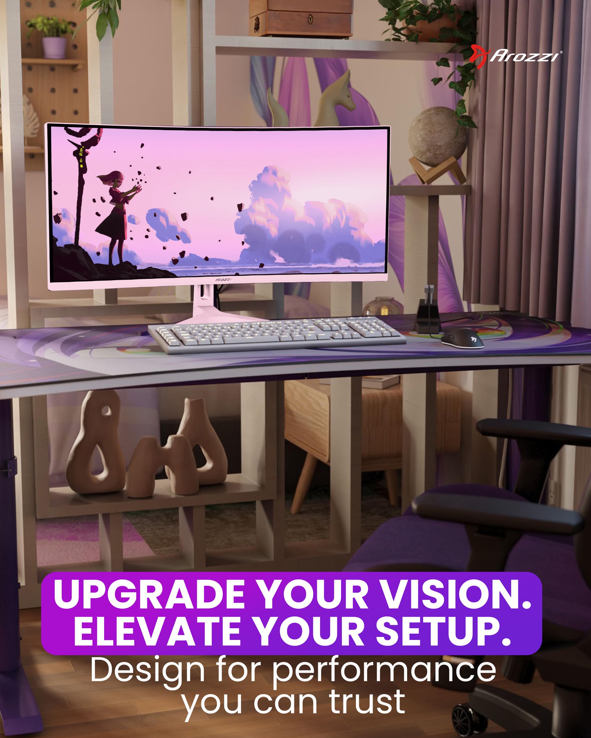 Arozzi Nova 34" zakrzywiony monitor do gier VA UWQHD 3440 × 1440, 165 Hz, 1 ms, FreeSync, HDR, ultrapanoramiczny, wbudowane głośniki - różowy