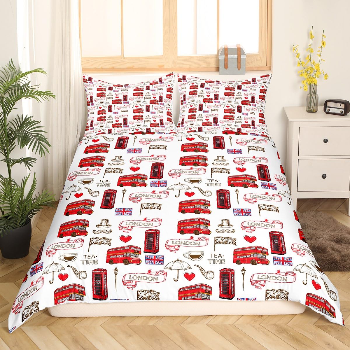 Loussiesd UK Duvet Cover Single London City Bedding Red Bus Bedding Set Microfiber UK Flag Retro Bedding Phone Booth Duvet Cover