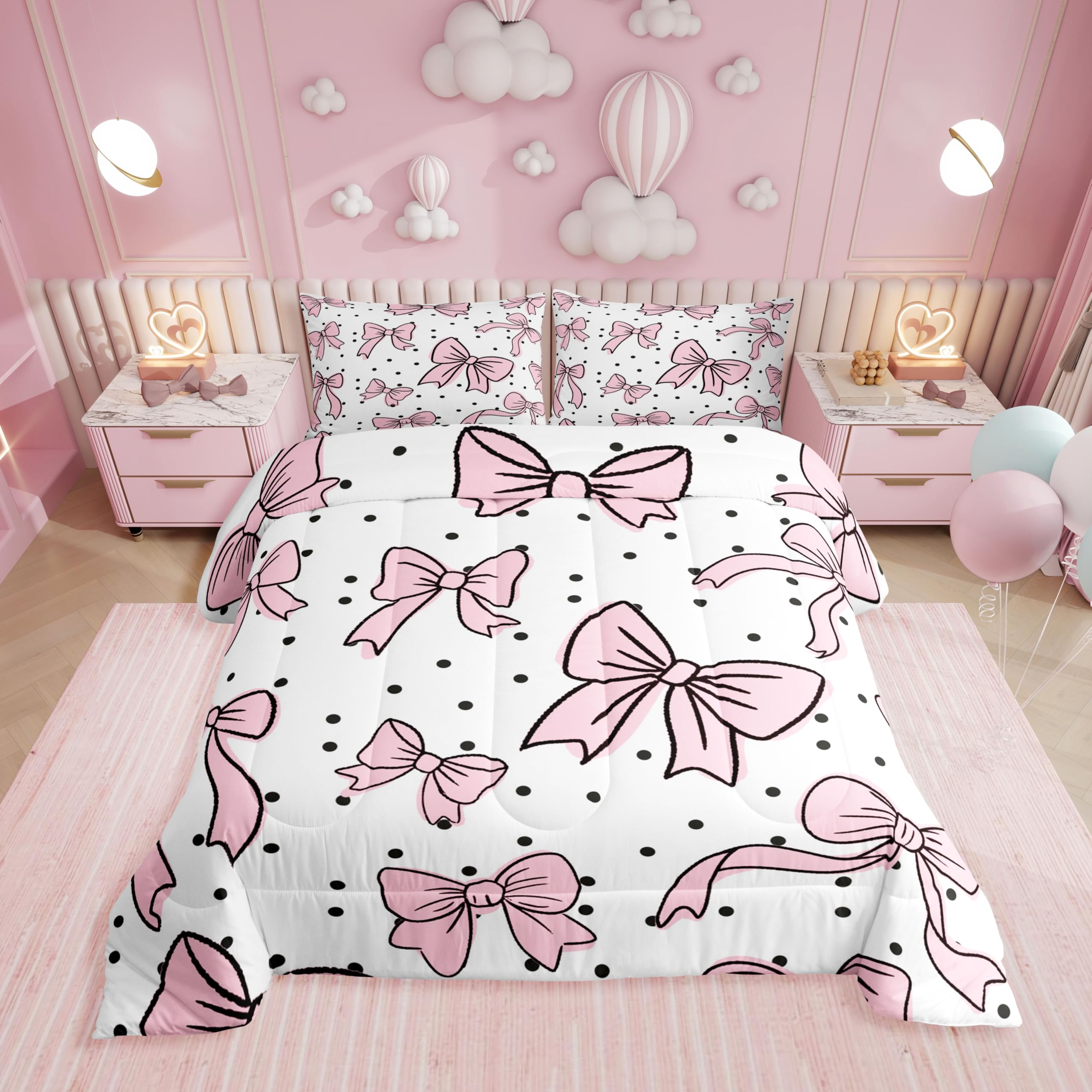 Erosebridal Cute Pink Bows Queen Comforter Set for Girls Women,Pink and Black Bow Tie Bedding Set Room Decor,Princess Bowknot Quilt Set Kawaii Polka Dot Bedding Comforter Sets,2 Pillowcases