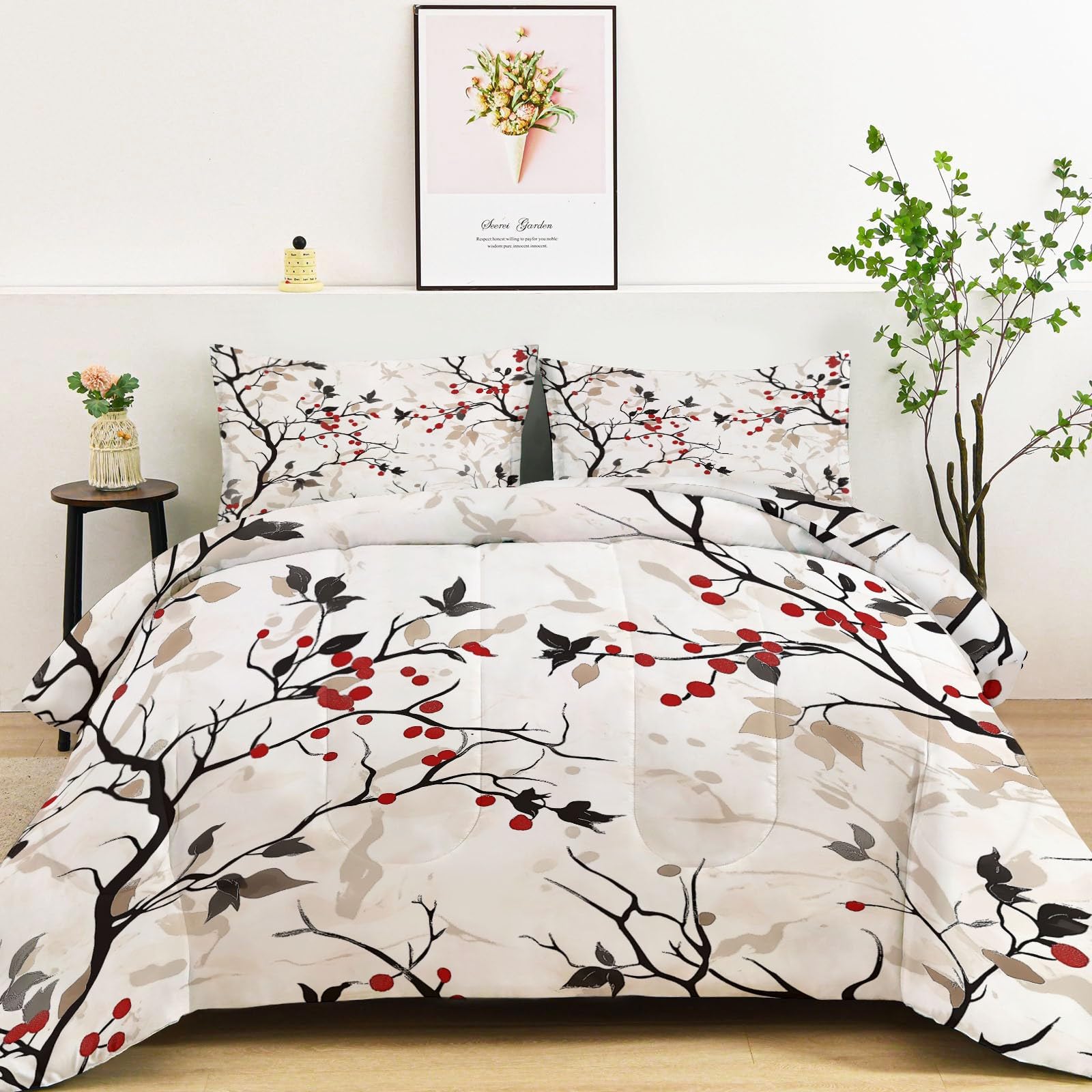 Kołdra 4 pory roku 200x200 cm - bez poszewki, zima i gorące lato, zmywalna, hipoalergiczna - Minimalistyczne kwiaty Gałązki pościel, czarna
