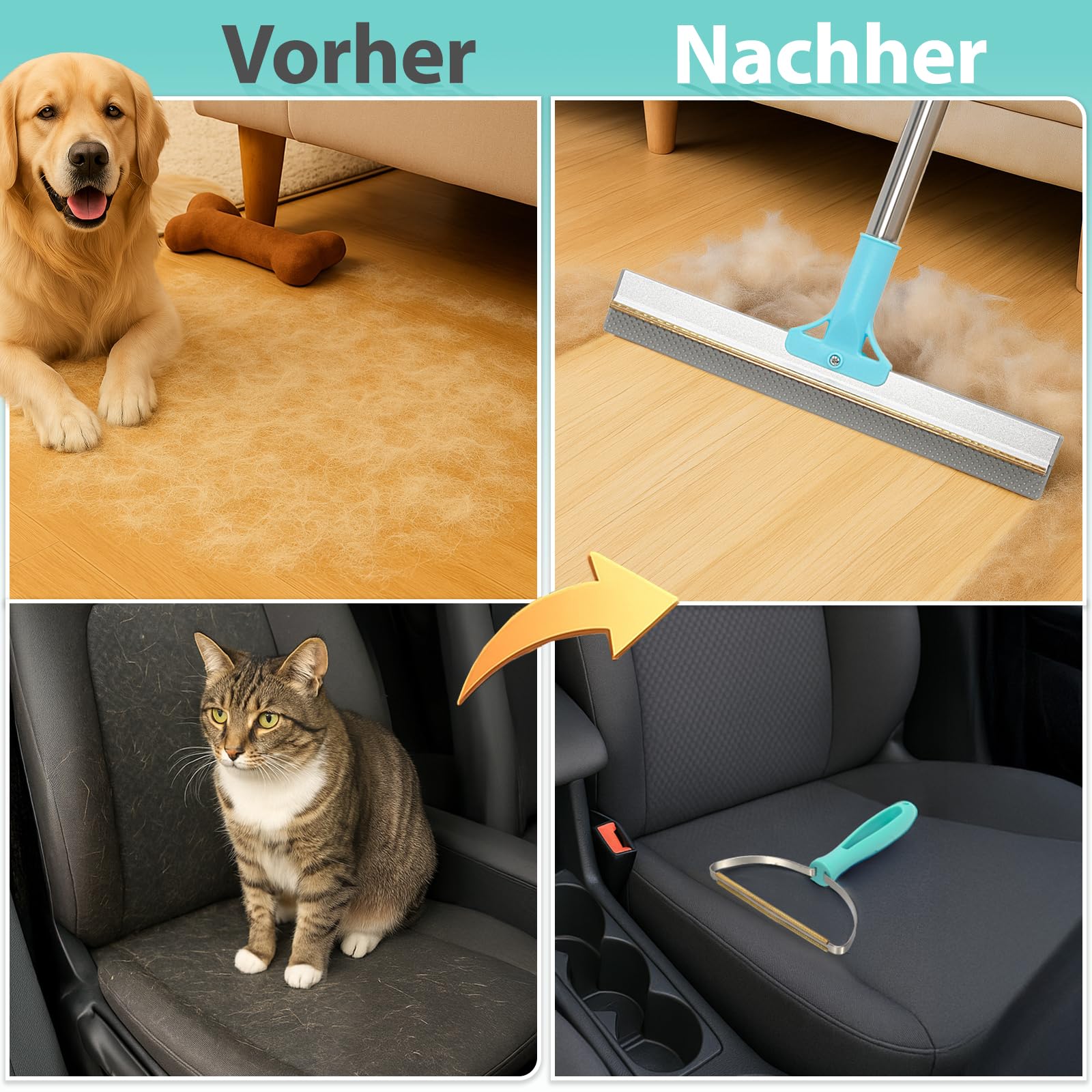 Tierhaarentferner, 2-in-1-Haarentferner, Teppichbürste mit 138 cm Verstellbarem Griff zum Entfernen von Tierhaare aus Autos, Teppichen, Fußböden, Sofas und Kleidung (Blau)