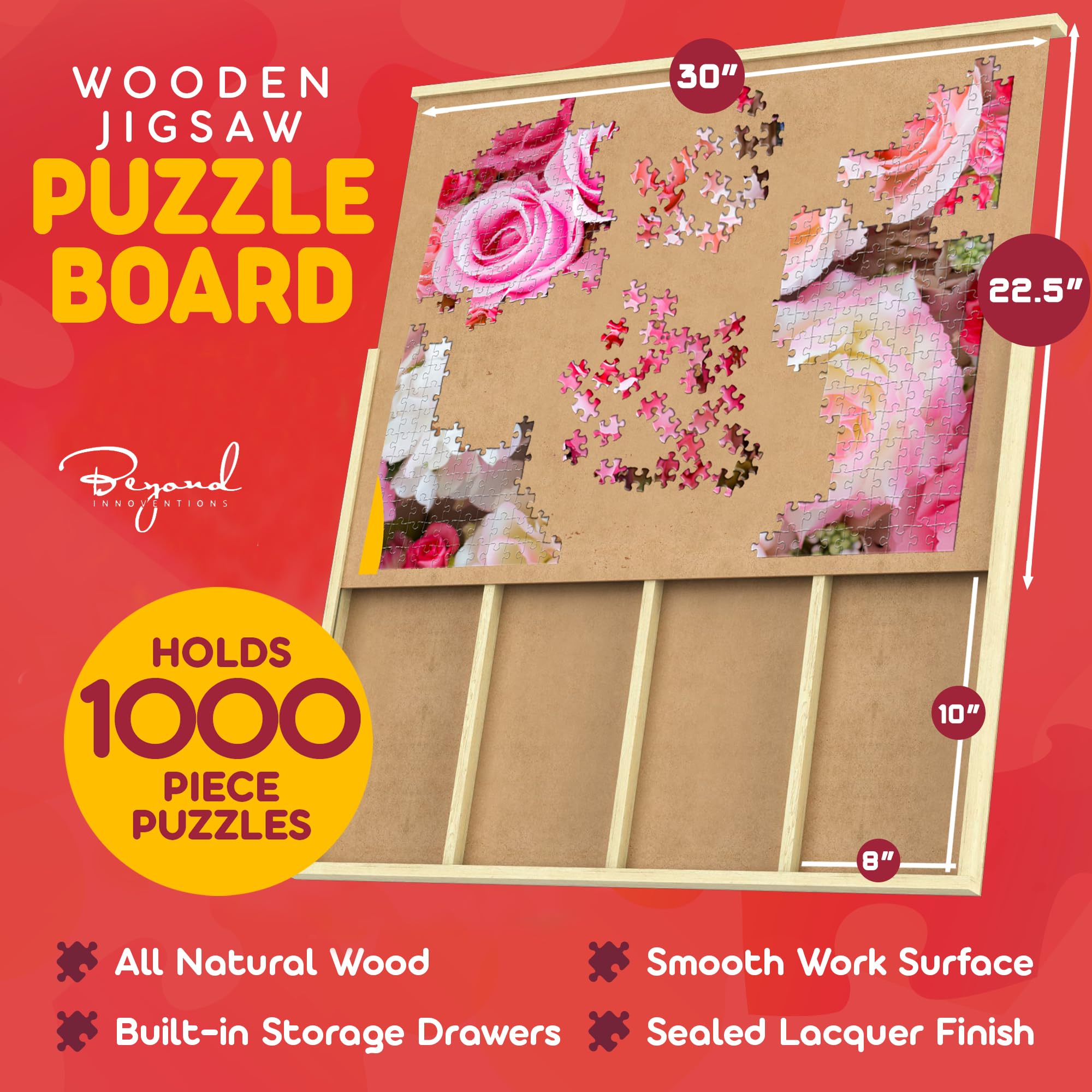 1000 Piece Wooden Jigsaw Puzzle Board - 4 Drawers, Patent Pending Design - Rotating Puzzle Table | 30” X 22” Jigsaw Puzzle Tables | Puzzles Cover & Lazy Susan| Portable Puzzles Tables for Adults
