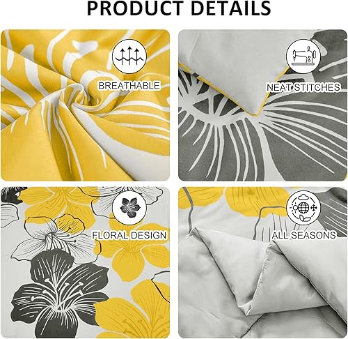 Miniatura 4 de Juego de edredón tamaño California King, estampado floral amarillo en gris, juego de ropa de cama de microfibra suave bohemio para todas las