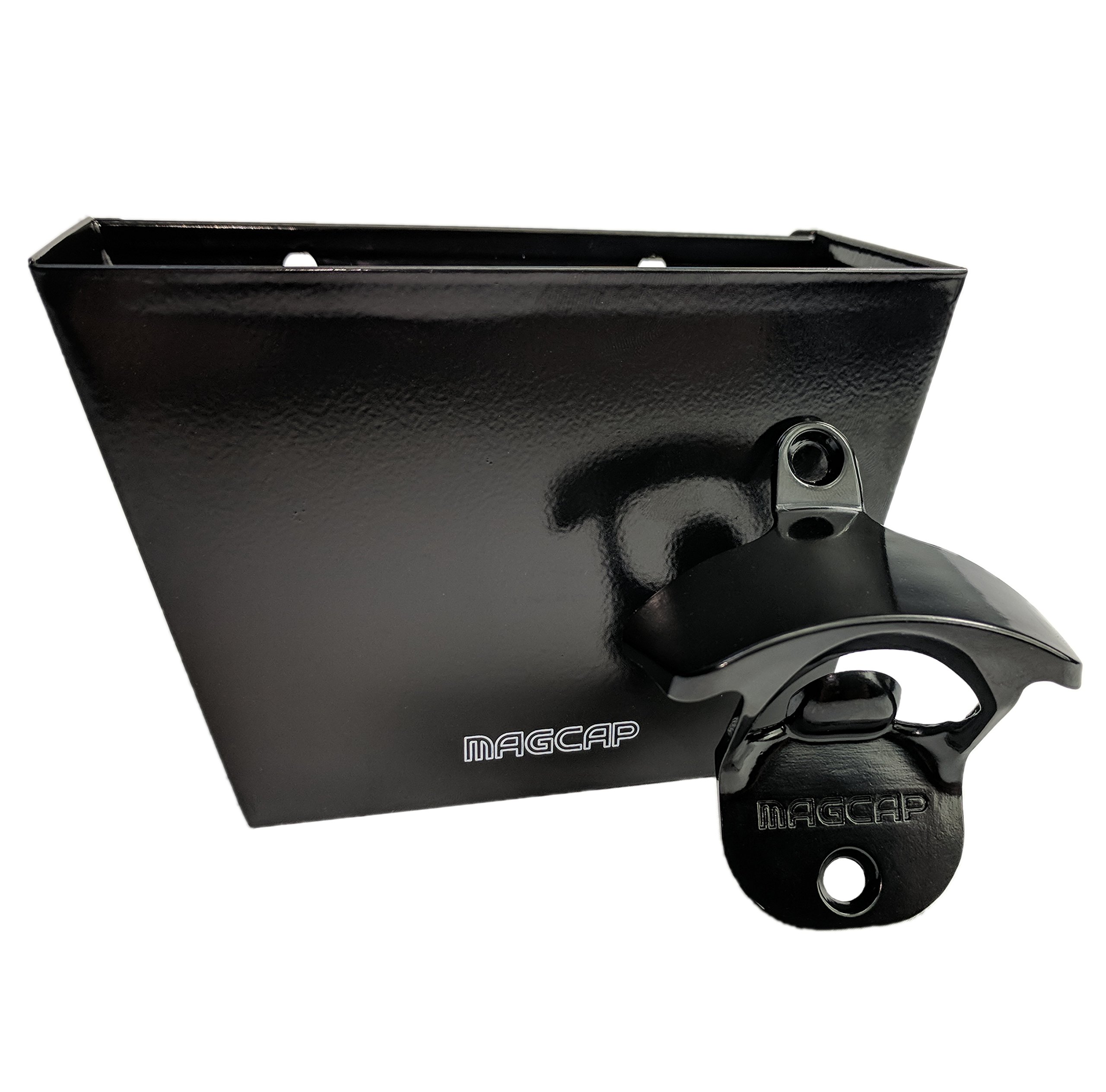 MAGCAP Magnetic Wall Mounted Bar - Style Bottle Opener and Bottle Cap Catcher Set for Beer and Sodas - Stylish, Easy to Install and Effortless to Use - Collects the Caps so You Don't Have to!