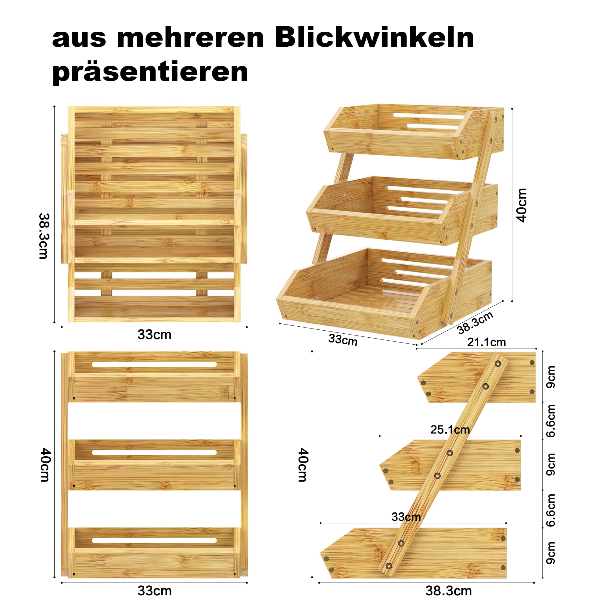 ADEL DREAM Bambus-Obstkorb 3-stöckiger Servierkorb Obstschale und Natürliches Aufbewahrungskorb-Regal Snack-Ausstellungsständer perfekt für Obst Gemüse Snacks Haushaltswaren und mehr Bambus