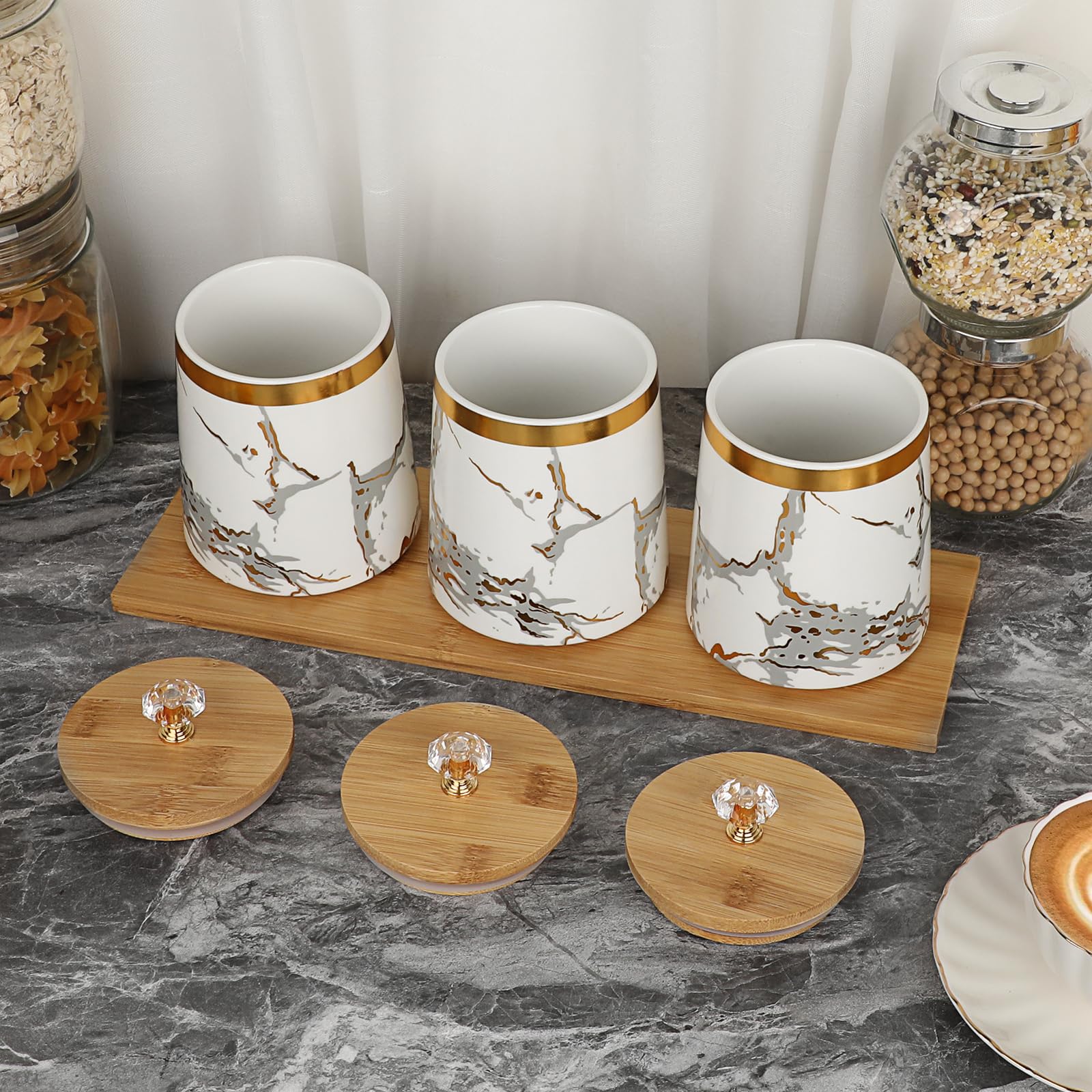 BTSKY Recipiente de cerámica blanca con tapa de madera y bandeja, 3 recipientes herméticos de almacenamiento de alimentos para café, té, azúcar, tarros de almacenamiento con tapa de madera y mango de