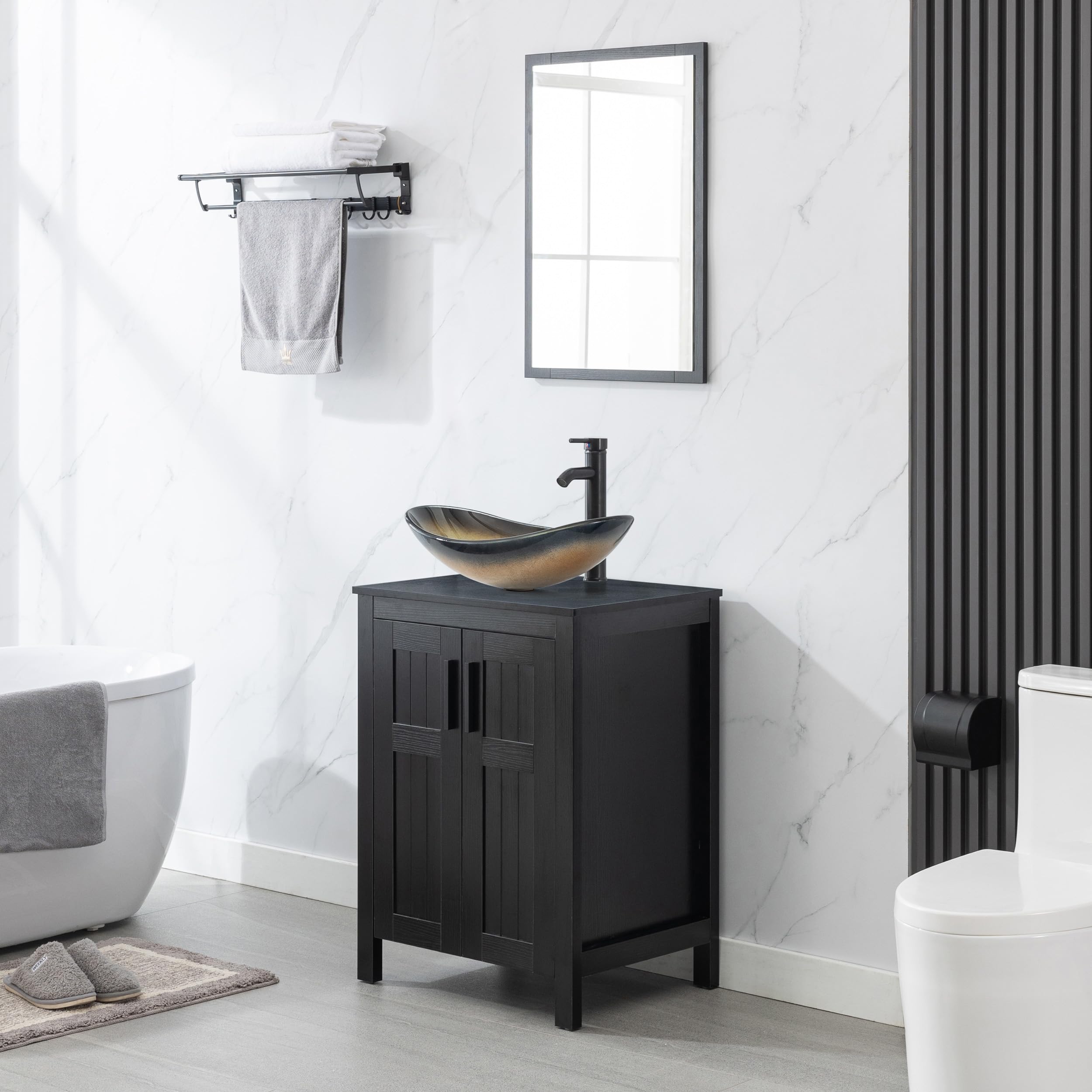 eclife 24" Bathroom Vanity with Sink Combo, Modern Freestanding Cabinet with Soft Closing Grooved Doors, Vessel Sink Top, Faucet & Pop Up Drain (