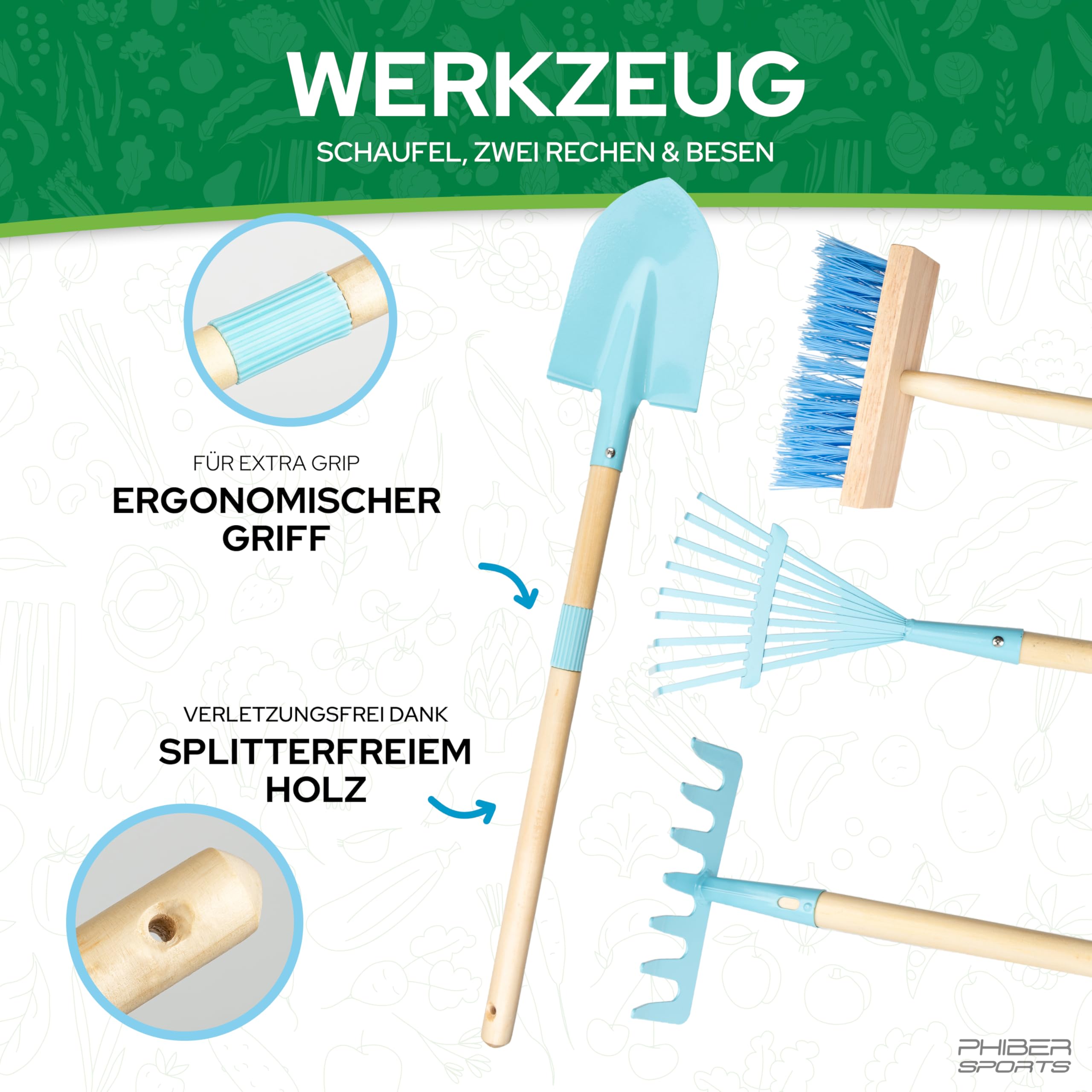 PHIBER-SPORTS Kinderschubkarre mit Gartenwerkzeug aus Metall - Schaufel, Besen, Rechen, Laubrechen + Wetterfeste Sticker