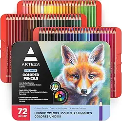 Arteza Lápis de cor, 72 lápis de desenho profissional, núcleos macios à base de cera, materiais de arte para esboçar, sombrear, lápis de cor vibrantes para iniciantes e profissionais em caixa de lata