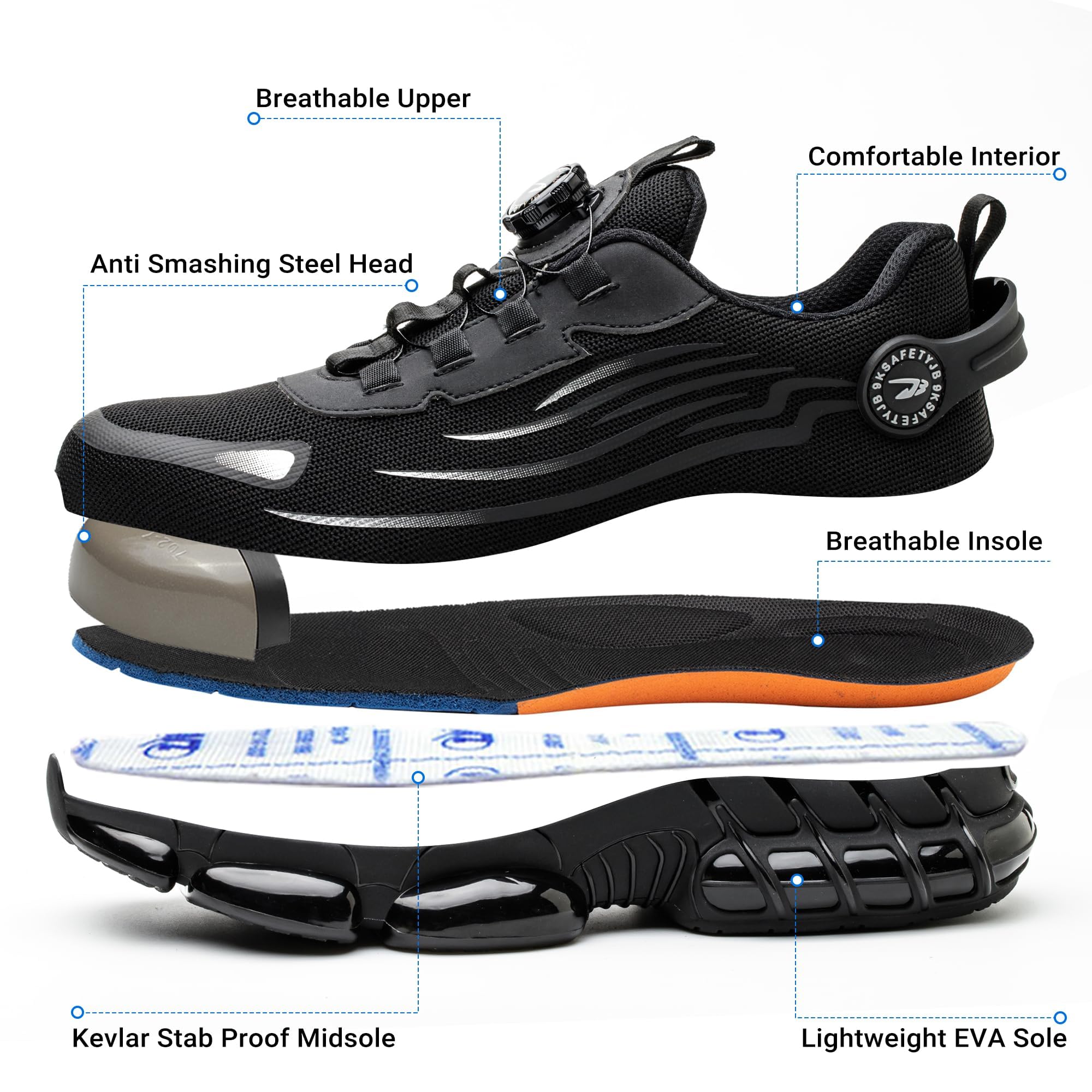 USOR Scarpe antinfortunistiche da uomo e da donna, con puntale in acciaio, comode e leggere, con fibbia girevole, antiscivolo, scarpe da lavoro con cuscinetto d'aria