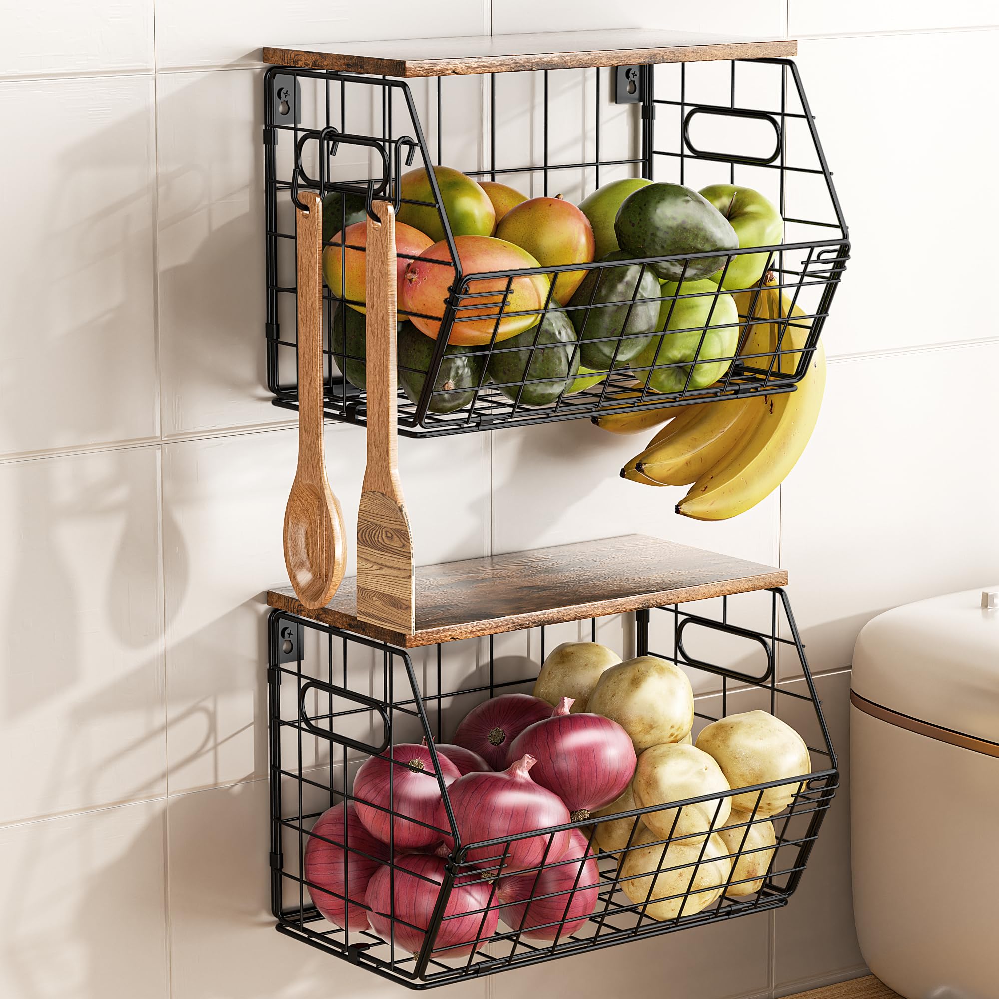 Delamu Paquete de 2 cestas apilables de metal para frutas con tapa de madera, organizador de pared y encimera para cocina, despens