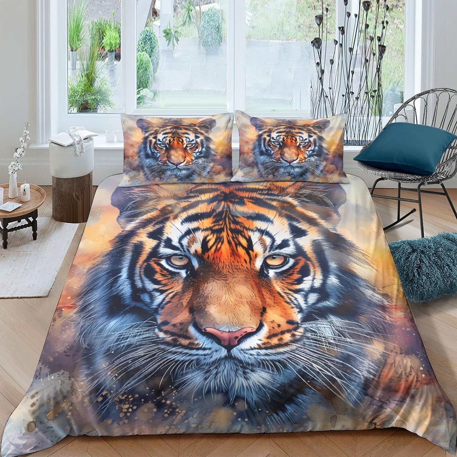 Ctjqhvkz Style-5 3D Printed Realistic Tiger Fitted Sheet Microfiber Soft Anti-Slip Orange Blue Jungle Mattress Cover Bedroom Decor Single（135X200cm）