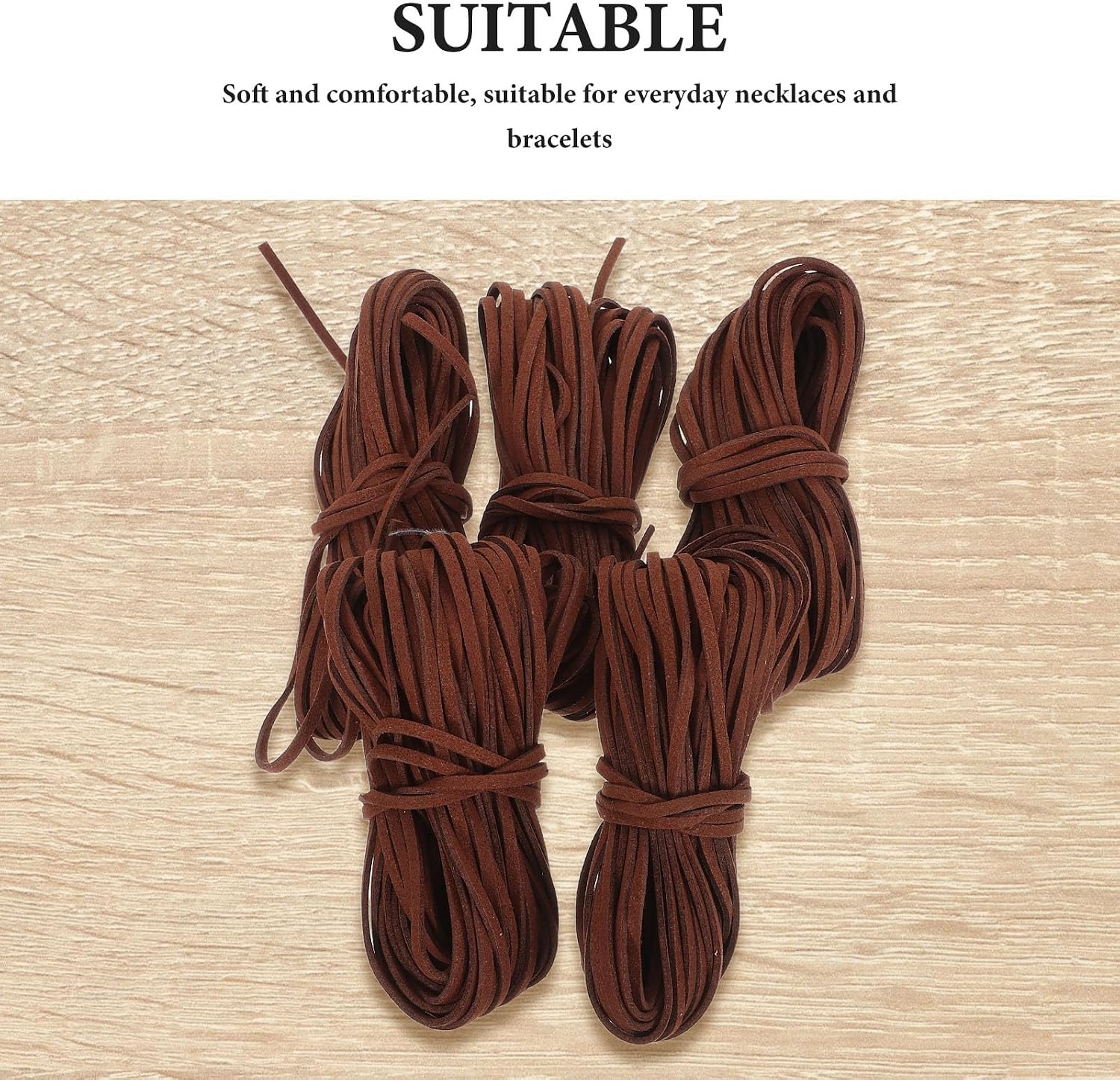 5pcs Flat Leather String Cord - 2.6mmx10.94 Yards Suede Cord for Jewelry Making - Faux Leather Twine/Strips for Crafts Boots Bracelets Necklaces, Light Brown