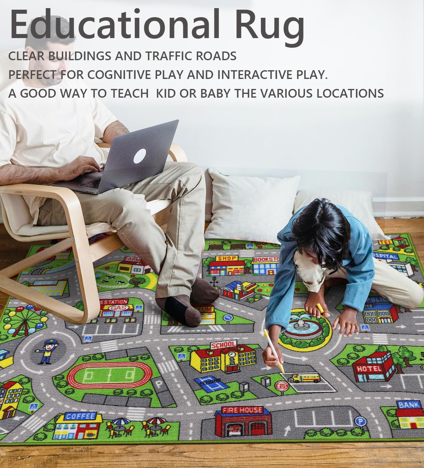Kids Rug 3'3" x 5'2" City Life Playmat Area Rug Car City Map Washable Traffic Road Educational Learning Nursery Rug Carpet for Children Playroom Living Room Bedroom Classroom Decor Green