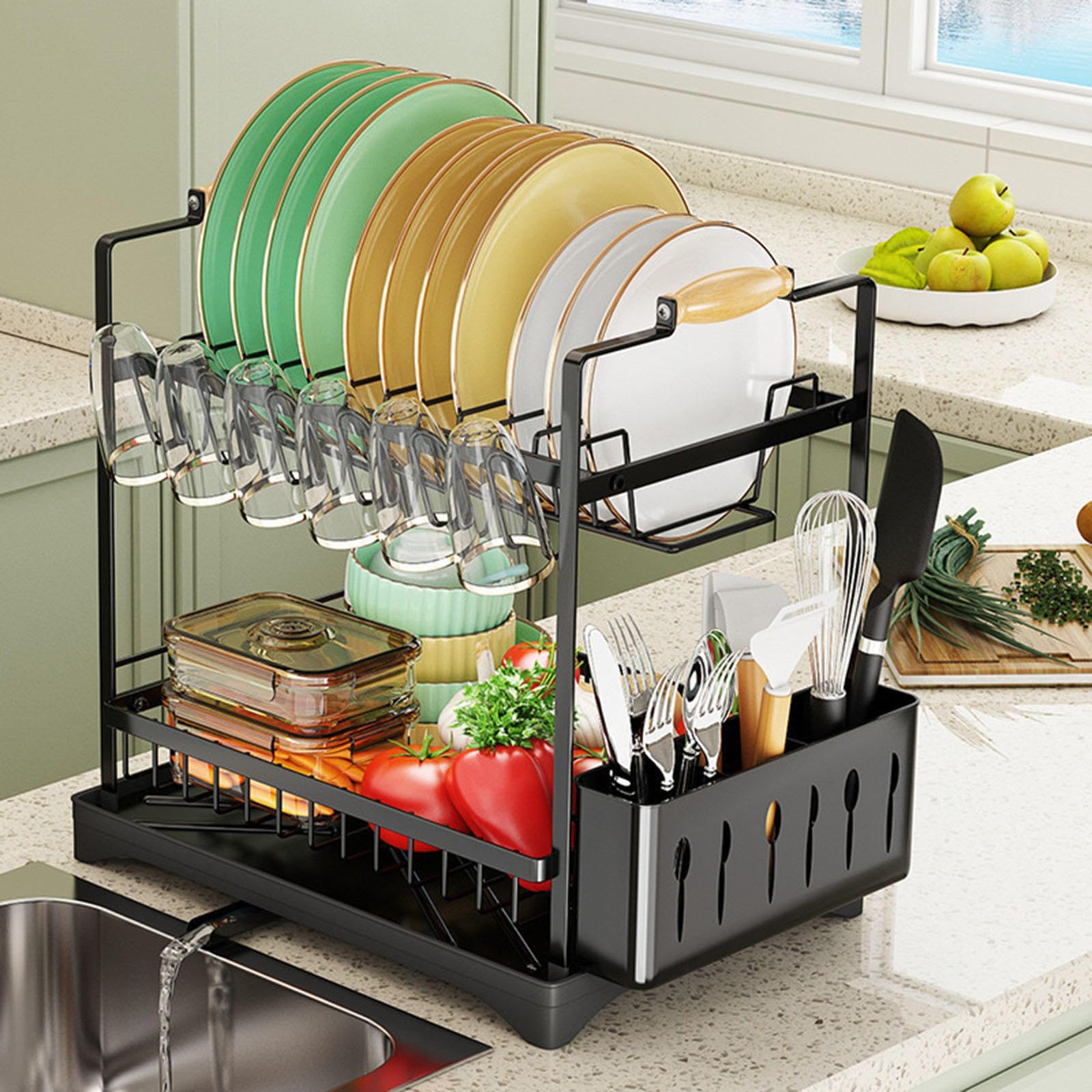 Escurridor de platos para encimera de cocina, estante de platos de 2 niveles con soporte para cubiertos, estante de drenaje grande con bandeja de goteo, estante de drenaje giratorio de 360 grados