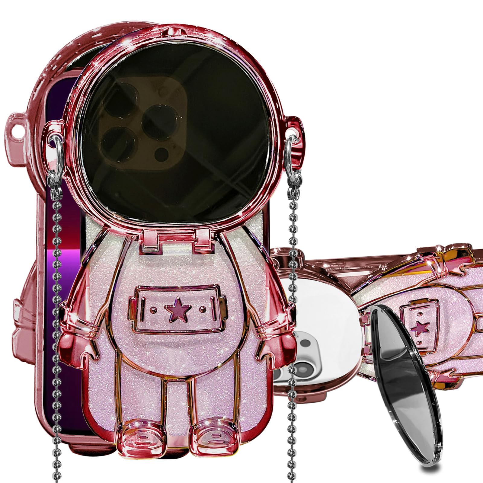 VALRION Compatible iPhone 16 Pro Max Astronaut Case with Kickstand Mirror Lanyard Shoulder Strap, Pink