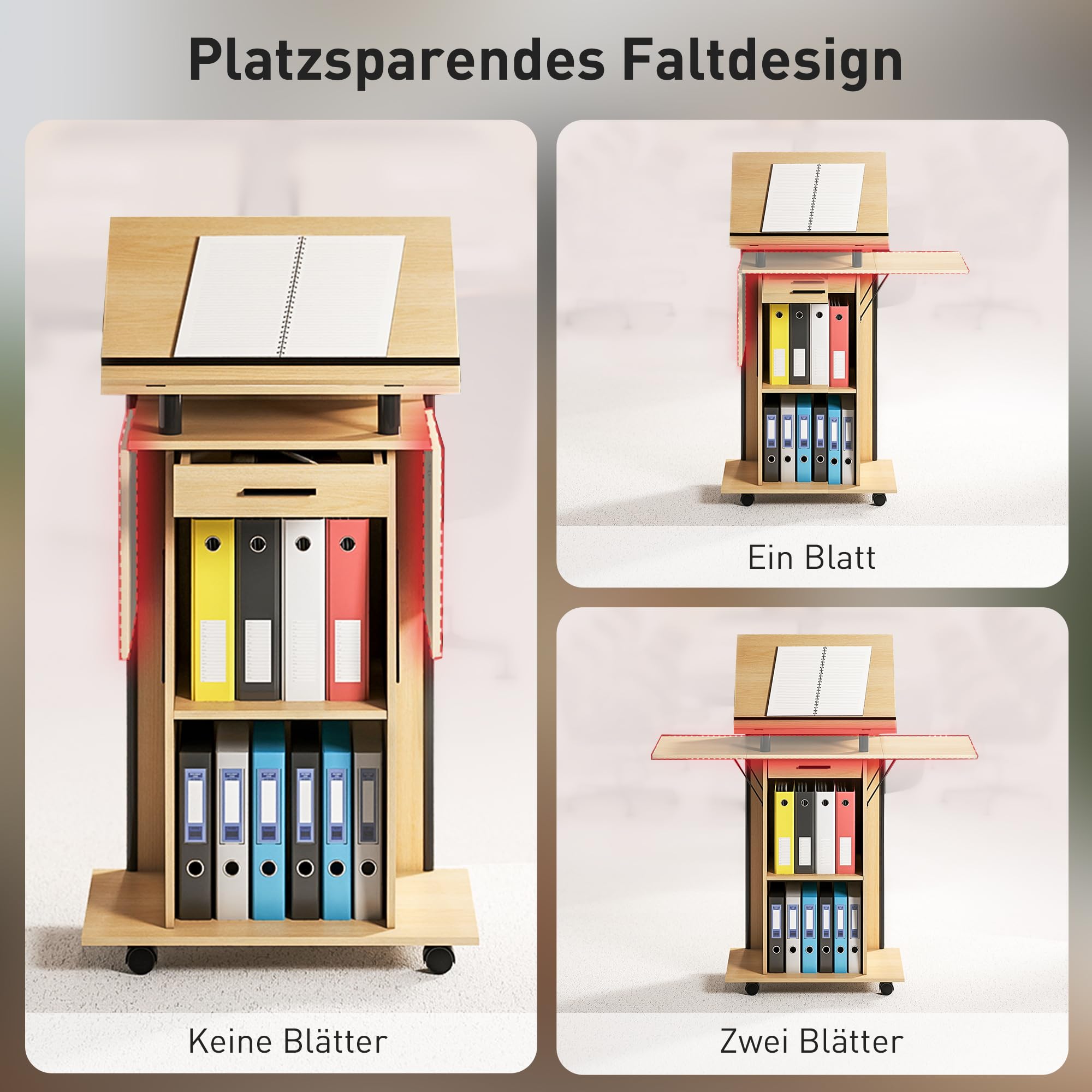 HOMCOM Rednerpult Podium mit Rädern, klappbaren Seitenflügeln, neigbarem Laptopständer, Podiumständer mit Schublade, Regal Stehpult für Kirche, Vortrag, Klassenzimmer Eiche 126 x 37 x 136 cm