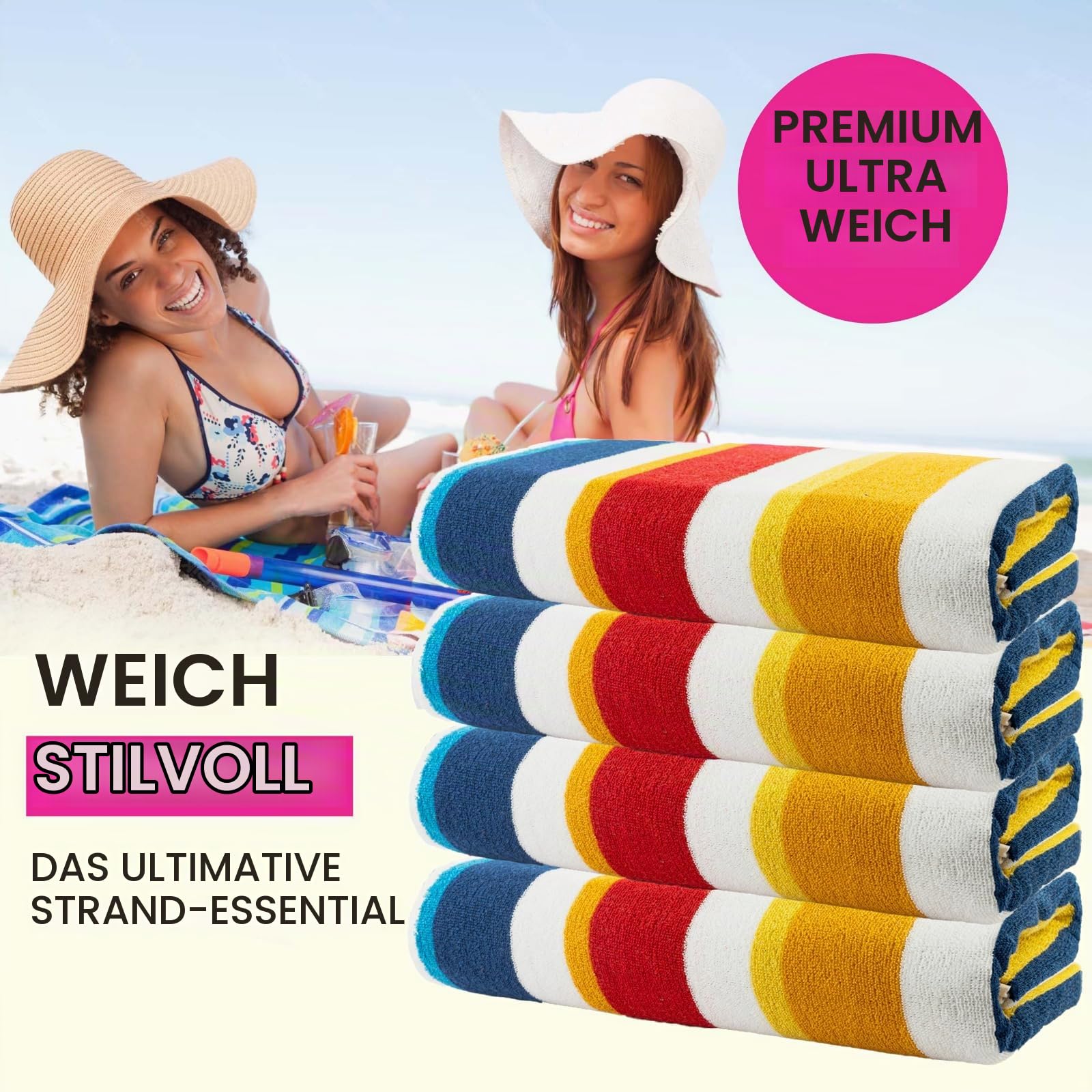 Casa Copenhagen Bora Bora Strandtücher, entworfen in Dänemark, robust und widerstandsfähig, schnelltrocknend, für Pool, Bad und Dusche, 76 x152cm, 4-teiliges Handtuchset aus Baumwolle – Gelb